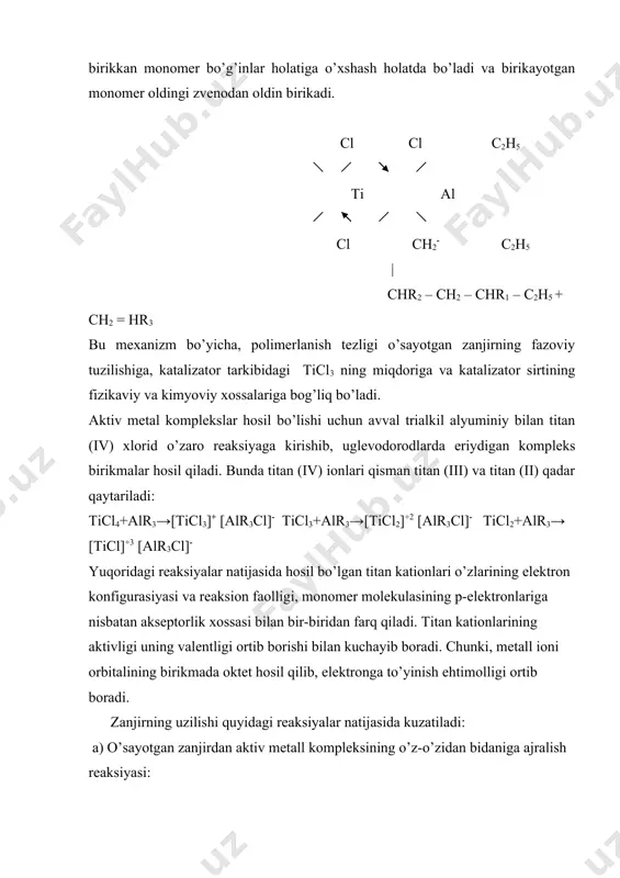 ch2 = ch | ch3 shunday qilib, sigler – natta katalizatorlari ishtirokida olingan yuqori molekulyar birikmalar juda keng molekulyar massaviy taqsimlanish doirasiga ega bo’ladi. ko’pgina ilmiy – tadqiqot ishlarining natijalariga ko’ra, hozirgi paytda mendeleev davriy sistemasidagi viii gruppa metallari (co, ni, fe, rh) ning (shuningdek, titan va vanadiy) ishtirokida dien birikmalarining polimerlanish jarayoni davrida ko’pgina hollarda 1.4 – tsis holatda birikkan bo’g’inlaridan iborat polimerlar hosil bo’lishi qayd etilgan. adabiyotlar: 1. семчиков ю.д. высокомолекулярные соединения. м.: асадема, 2005, 367 с. 2. мусаев у.н., бабаев т.м., курбанов ш.а., хакимжонов б.ш., мухамедиев м.г. полимерлар кимёсидан практикум. тошк.: университет, 2001. 3. тагер а.а. физико-химия полимеров. учебное пособие. м.: химия, 1978. 4. стрепихеев а.а. деревицкая в.а. основы химии высокомолекулярных соединений. учебное пособие, м.: 1976. 5. оудиан дж. основы химии полимеров. м.: химия, 1978 6. шур а.м. высокомолекулярные соединения. учебник, м.: высшая школа, 1981.