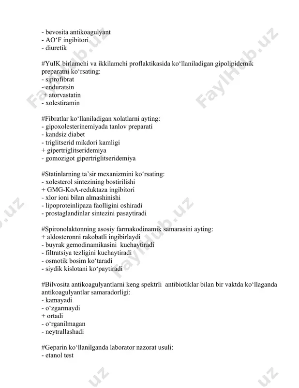 rsating: - beta-adrenoblokatorlar + ao‘f ingibitorlari - tiazidli diuretiklar + kalsiy antagonistlari #h. pylori eradikaiyasi uchun ko‘llaniladigan dori vositalarni ko‘rsating: + proton pompa ingibitorlari - klaritromitsin, amoksatsillin - eubiotik + spazmolitik #kaysi preparatlar 16 yoshgacha bo‘lgan bolalarga ko‘llanilmaydi: + siprofloksatsin + sefazolin - ampitsillin - levofloksatsin #bronxial astma klinik simptomlarini bartaraf etuvchi dori vositalarini belgilang: + kiska ta’sirli beta 2 agonistlar - membranostabilizatorlar + fosfodiesteraza ingibitorlari - antileykotrien vositalar #leykotrien retseptorlari blokatorlariga kiradi: - intal + montelukast - roflumilast + zafirlukast #xomiladorlik davrida ko‘llash mumkin bulgan antibiotiklarni ko‘rsating - ftorxinolonlar - aminoglikozidlar + sefalosporinlar + makrolidlar #antidepressantlar guruxiga kiruvchi preparatlarni ko‘rsating: + amitriptilin - novopassit - diazepam + imipramin #syuega olib keluvchi kaysi kasalliklarda beta-blokatorlar ko‘llaniladi: - arterial gipertenziya + gipertrofik kmp + yomon sifatli gipertenziya - kandli diabet #astmaning o‘rta ogir kechishini davolashda ko‘llaniladi: + beta2-agonistlar talabga ko‘ra + ingalyatsion gkslar 1 nafasdan 2 maxal - eufillin 24 % …