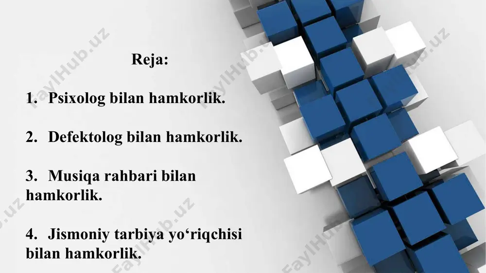 an tovushlarning to'g'ri talaffuzini doimiy nazorat qilish, ularni eshitish va talaffuz bilan aralashgan fonemalar bilan farqlash, defektologlar tomonidan tavsiya etilgan nutq materiallaridan foydalanish til tizimining fonematik tarkibiy qismini rivojlantirish (umumiy nutq qobiliyatlari, ovozli munosabatlar, so'zlarning tovush strukturasini his qilish va takrorlash,) fonemik jarayonlarni shakllantirish, leksik komponent holatini takomillashtirish, nutqning grammatik tizimini shakllantirish, izchil nutqni takomillashtirish nutq bilan chambarchas bog'liq bo'lmagan noaniq ruhiy funktsiyalarni rivojlantirish: og'zaki-mantiqiy fikrlash, xotira, diqqat, tasavvur. bolalarning nutq nafasini, og'zaki va nozik qo'lda motorikasini takomillashtirish musiqa rahbari bilan hamkorlik. hamkorlidan ko’zlangan maqsad: - musiqiy -badiiy faoliyatni rivojlantirish; - musiqa san'atiga qiziqish; - bolalarning musiqiy ijodiy qobiliyatlarini rivojlantirish; -musiqani hissiy jihatdan anglash qobiliyatini rivojlantirish hamkorlikdagi vazifalar: 1. axborot. 2. rivojlanish. 3. mobilizatsiya. 4. yo'nalish. 5. konstruktiv. 6. tashkilotchilik 7. kommunikativ. 8. tadqiqot. 5.raqs (musiqa rahbari bolalarga raqs harakatlarini eslatadi, harakat ustida ishlaydi, bolalar bilan raqsga tushadi. agar kerak bo'lsa, tarbiyachi bilan juft bo'lib raqsga tushadi) 1.musiqiy-ritmik harakatlar (musiqa …