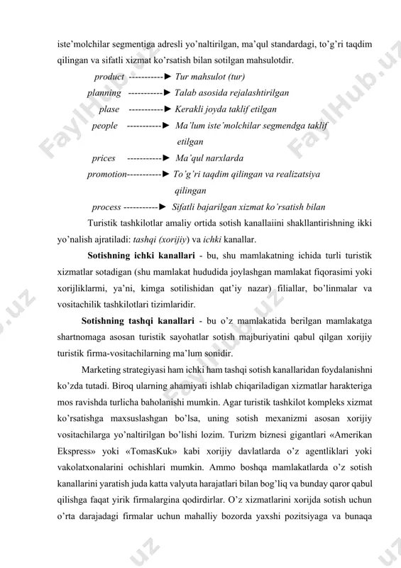 ham tashqi sotish kanallaridan foydalanishni ko’zda tutadi. biroq ularning ahamiyati ishlab chiqariladigan xizmatlar harakteriga mos ravishda turlicha baholanishi mumkin. agar turistik tashkilot kompleks xizmat ko’rsatishga maxsuslashgan bo’lsa, uning sotish mexanizmi asosan xorijiy vositachilarga yo’naltirilgan bo’lishi lozim. turizm biznesi gigantlari «amerikan ekspress» yoki «tomaskuk» kabi xorijiy davlatlarda o’z agentliklari yoki vakolatxonalarini ochishlari mumkin. ammo boshqa mamlakatlarda o’z sotish kanallarini yaratish juda katta valyuta harajatlari bilan bog’liq va bunday qaror qabul qilishga faqat yirik firmalargina qodirdirlar. o’z xizmatlarini xorijda sotish uchun o’rta darajadagi firmalar uchun mahalliy bozorda yaxshi pozitsiyaga va bunaqa ishlarda katta tajribaga ega bo’lgan turistik tashkilotlardan foydalanish ko’p jihatdan foydaliroqdir. tashqi savdo mexanizmini shakllantirishda xorijiy turistik firmalar bilan shartnoma va bitimlar asosida hamkorlik munosabatlarini o’rnatishni anglatadi. shuning uchun ularni o’rganish bu mexanizmning samarali faoliyat yuritishining ahamiyatli sharti hisoblanadi. agar turfirma katta hajmlarda alohida turistik xizmatlar ishlab chiqarsa, shunga muvofiq rivojlangan ichki sotish mexanizmiga ham ega bo’lishi kerak. bozorda turoperator vazifasini …