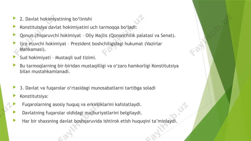 – xususiy mulk himoyasi va investitsiya muhitini yaxshilash. 5. xalqaro hamkorlikni kuchaytirish – xalqaro normalarga mos qonunchilik va obro‘-e’tibor mustahkamlanadi. xulosa o‘zbekiston respublikasi konstitutsiyasiga o‘zgartirish va qo‘shimchalar kiritish tartibi quyidagicha qisqa xulosalanadi: 1. o‘zgartirishlarning zaruriyligi – mamlakat taraqqiyoti, xalqning ehtiyojlari va xalqaro talablarga mos keladigan huquqiy tizim yaratish maqsadida o‘zgartirishlar kiritiladi. 2. tashabbus huquqi – konstitutsiyaga o‘zgartirish kiritish bo‘yicha tashabbus oliy majlis palatalari, prezident yoki 100 mingdan ortiq fuqarolar tomonidan amalga oshirilishi mumkin. 3. muvofiqlik jarayoni – taklif qilingan o‘zgartirishlar avvalo qonunchilik palatalarida muhokama qilinib, tasdiqlanadi. 4. referendum yoki parlament tasdig‘i – muhim o‘zgartirishlar umumxalq referendumi orqali qabul qilinishi mumkin yoki parlament tomonidan tasdiqlanadi. 5. demokratik va shaffoflik tamoyillari – o‘zgartirish jarayonida xalqning ishtiroki, ochiqlik va muhokama tamoyillari asosiy o‘rin tutadi. bu jarayon mamlakatning konstitutsiyaviy asoslarini mustahkamlash va davlat boshqaruvining samaradorligini oshirishga qaratilgan. foydalanilgan adabiyotlar: https://lex.uz/docs/-6445145 https://constitution.uz boshqa manbalar e’tiboringiz uchun rahmat image1.png image2.png image3.png image4.png