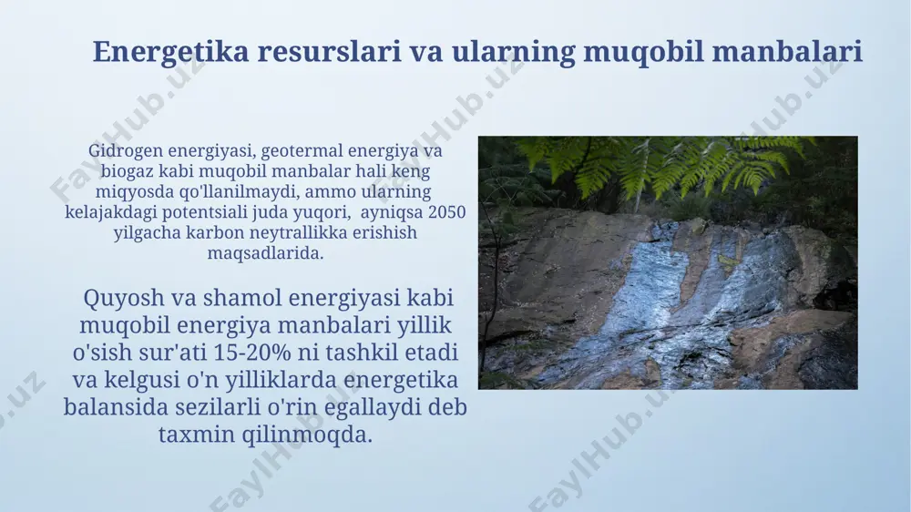 va 5 yillik prognozlarni hisobga olish zarur, bu kelajakdagi ehtiyojlarni qondirishga yordam beradi. davlat siyosati va tabiiy resurslarni boshqarish davlat tabiiy resurslardan oqilona foydalanishni ta’minlash uchun 2030-yilgacha bo‘lgan davrda 5 ta asosiy strategik dasturni amalga oshirishni rejalashtirgan. tabiiy resurslarni boshqarishda axborot texnologiyalaridan foydalanish samaradorligini 20% ga oshirish maqsad qilingan, bu esa 10% ga qadar byudjet tejashiga olib keladi. yer resurslarini boshqarish va muhofaza qilish o'rmonlarning 10% dan ortig'ini himoya qilish maqsadida, bioxilma-xillikni saqlash va iqlim o'zgarishiga qarshi kurashish uchun ekologik koridorlar tashkil etish zarur. bu, tabiatni muhofaza qilish va barqaror rivojlanishga hissa qo'shadi. tabiiy resurslarni boshqarishda samaradorlikni oshirish uchun, 2050-yilgacha ekologik izimizni 50% ga kamaytirishga qaratilgan milliy strategiyani amalga oshirish muhimdir. bu, resurslarni tejamkor sarflash va qayta ishlash texnologiyalaridan foydalanishni o'z ichiga oladi. biologik resurslar va bioxavfsizlik biologik resurslarni barqaror boshqarish va bioxavfsizlikni ta'minlash uchun har yili 10 mln. dollardan ortiq mablag' sarflanishi rejalashtirilgan. bioxavfsizlik choralarini kuchaytirish, genetik modifikatsiya qilingan …