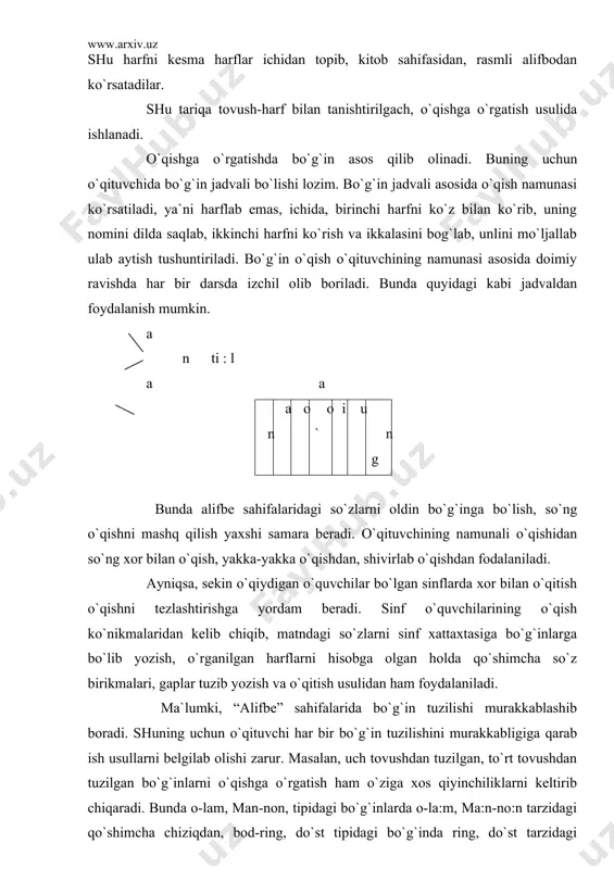 arni hisobga olgan holda qo`shimcha so`z birikmalari, gaplar tuzib yozish va o`qitish usulidan ham foydalaniladi. ma`lumki, “alifbe” sahifalarida bo`g`in tuzilishi murakkablashib boradi. shuning uchun o`qituvchi har bir bo`g`in tuzilishini murakkabligiga qarab ish usullarni belgilab olishi zarur. masalan, uch tovushdan tuzilgan, to`rt tovushdan tuzilgan bo`g`inlarni o`qishga o`rgatish ham o`ziga xos qiyinchiliklarni keltirib chiqaradi. bunda o-lam, man-non, tipidagi bo`g`inlarda o-la:m, ma:n-no:n tarzidagi qo`shimcha chiziqdan, bod-ring, do`st tipidagi bo`g`inda ring, do`st tarzidagi qo`shimcha chiziqlardan foydalaniladi. so`zlarni o`qishga o`rgatishda bilib o`qishdan tashqari jadvallar ham yaxshi samara beradi. ko`: k ka ko`: r lom ko`: ch ko`: p sa umuman olganda, har bir o`qish darsida albatta bo`g`in tuzilishi murakkab so`zlarni o`qish mashqi o`tkazilishi lozim. bu usul o`quvchilarda o`qish malakasining takomillashuviga yordam beradi. o`qishga o`rgatishda so`zlarni va gaplarni to`ldirib o`qish ko`nikmalarini hosil qilish o`quvchini gap tuzishga, tez fikrlashga yo`naltiriladi. o`quvchi tushib qoldirilgan harf va so`zni rasmga qarab topadi, uning gap mazmuniga mos yoki mos emasligiga e`tibor …