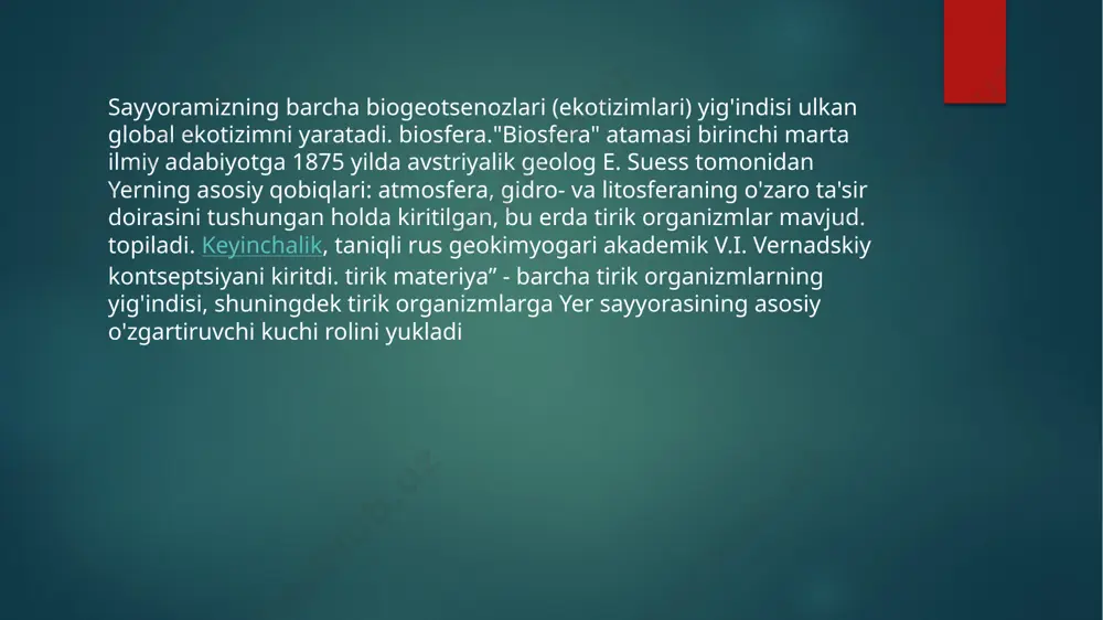 judligi (geokimyoviy viloyatlar); va eng muhimi, biosferada ko'p sonli elementar ekotizimlarning o'ziga xos tur tarkibi bilan birlashishi. hozirgi vaqtda taxminan 2 million tur tasvirlangan. biroq, yerdagi turlarning soni ular tavsiflanganidan 2-3 baravar ko'p ekanligiga ishonishadi. bundan tashqari, zamonaviy turlar tarkibi biosferaning mavjud bo'lgan davridagi jarayonlarda ishtirok etgan turlar xilma-xilligining kichik bir qismidir. gap shundaki, har bir turning ma'lum bir umr ko'rish muddati (10-30 million yil) mavjud va shuning uchun turlarning doimiy o'zgarishi va yangilanishi hisobga olingan holda, biosferaning shakllanishida ishtirok etgan ularning soni yuzlab millionlar bilan baholanadi. . hozirgi vaqtda yerda mavjud bo'lgan turlarning 95% dan ortig'i biosferani tark etgan deb ishoniladi. har qanday tabiiy tizim uchun xilma-xillik uning eng muhim xususiyatlaridan biridir. u bilan bog'liq bo'lgan takrorlanish ehtimoli, xavfsizlik tarmog'i, ba'zi aloqalarni boshqalar bilan almashtirish (masalan, turlar yoki populyatsiya darajasida), oziq-ovqat va boshqa aloqalarning murakkabligi va mustahkamligi darajasi. shuning uchun xilma-xillik har qanday ekotizim va butun biosfera barqarorligining asosiy …