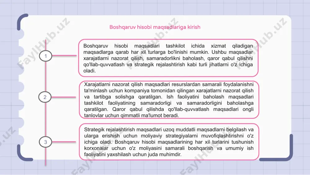 arni kamaytirish va samaradorlikni oshirishga qaratilgan. ushbu maqsadlar ishlab chiqarish, operatsiyalar va umumiy biznes faoliyati bilan bog'liq xarajatlarni nazorat qilish va minimallashtirishni o'z ichiga oladi. xarajatlarni minimallashtirish strategiyasini amalga oshirish orqali tashkilotlar o'zlarining daromadlarini yaxshilashlari va bozorda raqobatbardoshligini saqlab qolishlari mumkin. 1 2 3 boshqaruv hisobidagi daromadlarni maksimallashtirish maqsadlari boshqaruv hisobidagi daromadlarni maksimallashtirish maqsadlari kompaniya uchun yuqori daromad olish uchun strategik narxlar va mahsulot strategiyalari orqali sotish va foydani oshirishga qaratilgan. ushbu maqsadlar o'sish imkoniyatlarini aniqlash, yangi bozorlarni yo'naltirish va umumiy moliyaviy ko'rsatkich va muvaffaqiyatga erishish uchun mijozlar qiymatini oshirish orqali daromad oqimlarini optimallashtirishga qaratilgan. daromadlarni maksimallashtirish maqsadlarini kompaniyaning umumiy biznes maqsadlari bilan moslashtirish orqali boshqaruv hisobchilari tashkilotning uzoq muddatli barqarorligi va rentabelligiga samarali hissa qo'shishlari mumkin. boshqaruv hisobidagi samaradorlik maqsadlari boshqaruv hisobidagi samaradorlik maqsadlari iqtisodiy samaradorlik va rentabellikni oshirish uchun samaradorlikni oshirish va resurslarni isrof qilishni minimallashtirishga qaratilgan. ushbu maqsadlar jarayonlarni soddalashtirish, operatsiyalarni optimallashtirish va tashkilot maqsadlariga erishish uchun …