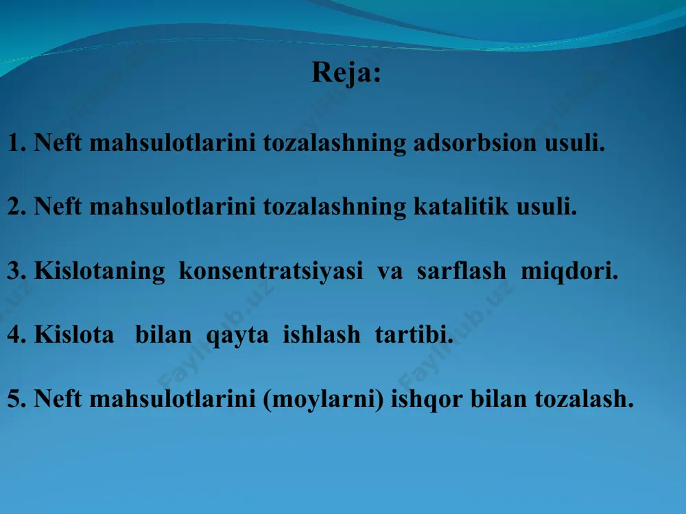 alashning katalitik usuli kontakt tozalashda moylar maydalangan oqartiruvchi tuproq bilan aralashtiriladi. adsorbentning aktivligi uni maydalanganligi darajasiga bog‘liq bо‘lganligi uchun uni yaxshilab maydalanadi. moyni yopishqoqligini kamaytirish uchun, uni adsorbentning govaklariga sо‘rilishini yaxshilash uchun moyni qizdiriladi. jarayonning harorati xom ashyoni sifatiga, adsorbentning tabiatiga (xossasiga), talab qilingan tozalash darajasiga bog‘liq. yengil distillyat moylari 80-120os da kontakt qilinadi, о‘rta distillyat moylari 140-170os da, ogir moylar 180-220os. jarayonni effektivligi moyni tuproq bilan kontakt vaqtining о‘lchamiga bog‘liq. kontakt vaqti 20-25 min. davom etadi. jarayonning afzalligi - tozalash darajasini boshqarish mumkinligi. bu esa tayyorlanayotgan moyni rangini о‘zgarishi bilan aniqlanadi va jarayonni haroratini va adsorbentni moyga nisbatan olingan nisbati bilan boshqariladi. moy tо‘xtovsiz tozalanadi, zararli aralashmalar birdaniga ajratib olinadi. jarayonni kamchiliklariga: adsorbentni regeneratsiya qilishni qiyinligi adsorbent bilan birgalikda 35-40% moyni yо‘qotilishi, moyni yuqori haroratda sintetik alyumosilikatlar ta’sirida biroz krekingga uchrashi, adsorbentni qurilmada regenerirlanmasligi. * moylarni sulfat kislota yordamida tozalanganda moy fraksiyasidan smolasimon asfalten moddalar, tо‘yinmagan uglevodorodlar, naften kislotalari …