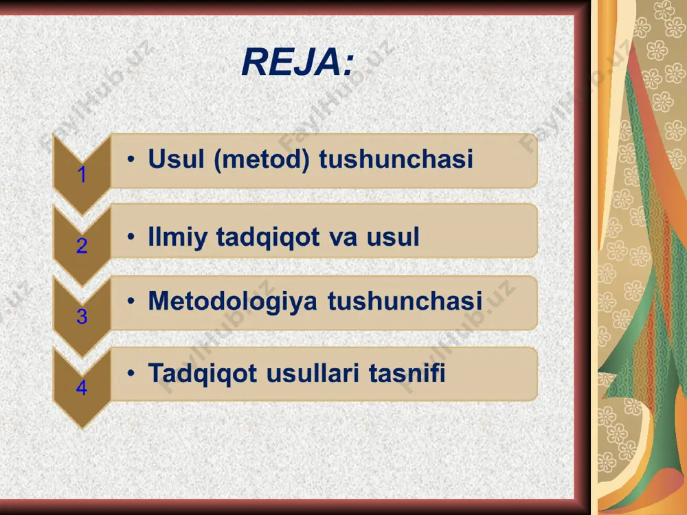 islati o’rganilayotgan obyektning tuzilishi, aniqrog’i, murakkabligi bilan bog’langan. izlanish obyekti qanchalik murakkab bo’lsa, shunchalik takomillashgan bilish shakllari va usullarni tatbiq qilishga to’g’ri keladi. usulda obyektiv (obyektni mazmunidan kelib chiqish, xossalari va parametrlari mavjudligini hisobga olish) va subyektiv (izlanish maqsadi, vositalari va qoidalari mujassamlangan yondashuv, tizim) tomonlar birligi mavjud ekan, u ishlab chiqiladi. shu bois, olimlar har doim tadqiqot usuli masalalari bilan shug’ullanishgan. rene dekart (1596 – 1650) fransuz filosof,matematikva fiziologi. ayni paytda barcha tadqiqot sohalarigaga tatbiq qilinishi mumkin bo’lgan universal izlanish usulini ishlab chiqishga qaratilgan urinishlar paydo bo’ldi. fransuz olimi va faylasufi r.dekart (1596-1650) shunday usul sifatida har qanday narsani shubha ostiga olish usulini tavsiya qildi. bu usulning asosiy qoidalari: ishonchli bo’lmagan bilimni haqiqat sifatida qabul qilmaslik, mulohaza tarkibiga aniq, shubha tug’dirmaydigan hukmlarni kiritish kerak. tadqiqot qilinayotgan har bir muammoni aniq anglash imkoniyatini beradigan darajada qismlarga bo’lish kerak. predmetni izchil, bir tartibda o’rganish, birlamchi, sodda unsurlarini aniqlashdan murakkab xossani tadqiq …