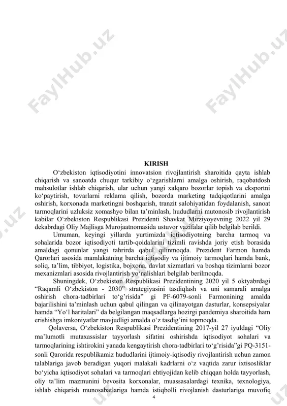 qiqot bilan qo‘shib olib borish, fanlar buyicha bilimlar majmuasini o‘zlashtirish, nazariy-amaliy mashg‘ulotlar uzviyligining negizlarini shakllantirishda malakaviy amaliyoti muxim o‘rin egallaydi. 60310100- iqtisodiyot (tarmoqlar va sohalar bo‘yicha) ta’lim yo‘nalishi bo‘yicha 3-kurs talabalarining malakaviy amaliyotini to‘g‘ri tashkil qilish va o‘tkazish bo‘lajak mutaxassislarni tayyorlash sifatini oshirishning eng muhim shartlaridan biri hisoblanadi. jumladan, 60310100- iqtisodiyot (tarmoqlar va sohalar bo‘yicha) ta’lim yo‘nalishi 3-kurs talabalarining malakaviy amaliyotini o‘tkazish o‘quv rejasida belgilangan bo‘lib, bunda talabalar o‘zlarining olgan ta’lim va bilimlarini amaliyotda mustaqil qo‘llash imkoniyatiga ega bo‘ladilar. ushbu dastur iqtisodiyotni modernizatsiya va diversifikatsiyalash sharoitida 60310100- iqtisodiyot (tarmoqlar va sohalar bo‘yicha) ta’lim yo‘nalishi bo‘yicha 3-kurs talabalarining malakaviy amaliyotini to‘g‘ri tashkil qilish va o‘tkazishning asosi hisoblanadi. 60310100 - iqtisodiyot (tarmoqlar va sohalar bo‘yicha) yo‘nalishi talabalarining malakaviy amaliyoti 3–kurs vi –semestrida 07.04.2025 dan 17.05.2024 gacha, hamda amaliyot davri, dam olish va bayram kunlarini chiqarib tashlaganda - 36 kun (6 hafta). talabaning malakaviy amaliyotini tashkil etish bo‘yicha kalendar rejasiga muvofiq har bir …