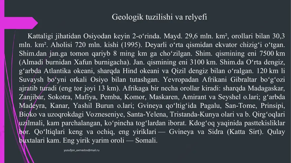25°ga tushadi. yozda afrikaning shim. yarmida oʻrtacha oylik temperatura 25ye, 30° (sahroi ka-birda), jan. yarmida esa 25ye, eng janubida 12ye boʻladi. afrikadagi tripoli shahri (liviya) yaqinida yer yuzida eng yuqori temperatura (58°) qayd kilingan. kongo botigʻi va gvineya qoʻltigʻining shim. sohilida juda koʻp (yiliga 1500–2000 mm) yogʻin tushadi. afrikada eng seryogʻin joy debunja (kamerun togʻi etagi)da, yiliga 9655 mm yogʻin tushadi. yusufjon_axmedov@mail.ru yusufjon_axmedov@mail.ru hayvonot dunyosi afrika hayvonot dunyosi boy va xilma-xil. shimoliy afrika va sahroi kabir palearktika oblastiga kiradi. bu yerlarda jan. yevropa hayvon turlari bilan birga efiopiya zoogeografik oblasti turlari uchraydi. afrikaning qolgan hududi efiopiya oblastiga kiradi. sirtlon, viverra, dumsiz maymunlar, quyon, tuvaloq (atlas togʻlarida), mendasa va bubala jayranlari, oddiy gʻizol, fenek tulkisi va b. (sahroi kabirda), jan. yevropa hayvonlari, koʻzoynakli ilon, daman, tuyaqush efiopiya oblasti hay-vonlaridir. sahroi kabirda bir oʻrkach-li tuya boqiladi. efiopiya oblasti qalin oʻrmonlarida maymunlar, fil-lar, buyvollar (suv sigiri), mitti suv aygʻirlari, qushlardan aksari oʻrmalab chiquvchilar …