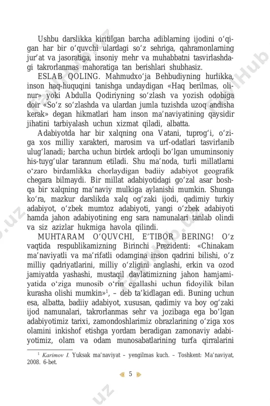befarq qoldirmaydi. ular insondagi yaxshi fazilatlarning ko‘payishiga va, aksincha, yo- mon xu susiyatlarning bartaraf etilishi, yo‘qotilishiga undab turadi. inson ma’naviyatini boyitish uchun har qanday adabiyot emas, balki yuksak badiiyat talablariga javob bera oladigan asarlar zarur bo‘ladi. badiiy asar ta’sirli va yaxshi bo‘li- shi, u har qanday kitobxon qalbiga zavq-shavq bag‘ishlashi bilan birga ezgu o‘y hamda orzular yo‘liga yaqinlash tirishi shart. 7 savol va topshiriqlar 1. ushbu mavzu epigrafida keltirilgan she’rni qanday izohlay- siz? 2. badiiy adabiyotning hayotingizda tutgan o‘rnini tu shuntirib bering. 3. «jamiyat», «ma’naviyat», «madaniyat» va «san’at» tushun- chalarini o‘tgan sinflarda o‘qilgan asarlarga bog‘lab tushun- tira olasizmi? 4. nega adabiyot chegara bilmaydi? 5. alisher navoiyning inson fazilatlari haqida aytgan yana qan- day hikmatlarini bilasiz? 6. behbudiy va abdulla qodiriy fikrlarini kengroq tushuntirib bering. 7. respublikamizning birinchi prezidenti aytgan fikrga e’tibor be ring. uni qanday izohlagan bo‘lar edingiz? 8. adabiyot tarixidan «ma’naviyati yuksak» hamda «ma’navi- yati past» qahramonlar tasvirini eslang. …