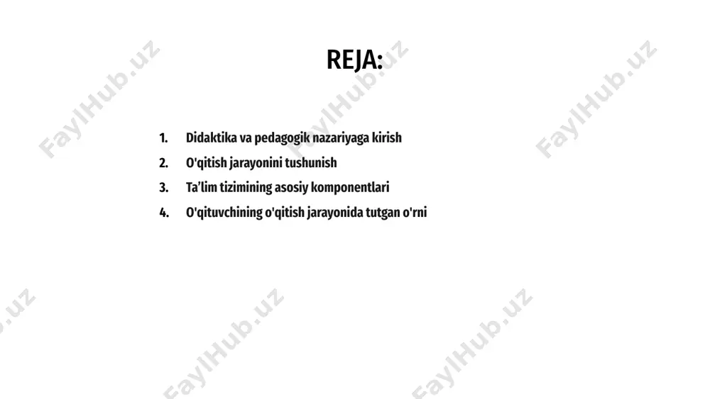 o'quv resurslari va o'quv muhiti kiradi. muvaffaqiyatli o'qitish va o'rganish uchun ushbu komponentlar o'rtasidagi samarali hamkorlik va aloqa muhim ahamiyatga ega. salavha ta’limning didaktikasi va pedagogik nazariyasini hayotga tatbiq etishda o‘qituvchining o‘quv jarayonidagi o‘rni hal qiluvchi ahamiyatga ega. 1 o'qituvchilar o'qitish jarayonida yordam beruvchi sifatida muhim rol o'ynaydi, bilimlarning muammosiz va samarali uzatilishini ta'minlaydi. 3 ular qulay o'quv muhitini yaratish, talabalarni rag'batlantirish va ularning yutuqlarini baholash uchun mas'uldirlar. 2 pedagogik nazariyani ta'limda qo'llash a o‘qitish jarayonini bir butun tizim sifatida tushunishda didaktika va ta’limning pedagogik nazariyasi hal qiluvchi rol o‘ynaydi. b bu nazariyalar o‘qituvchilarga pedagogik tamoyillarni o‘qitish amaliyotida samarali qo‘llash uchun asos yaratadi. c pedagogik nazariyani ta'limga kiritish orqali o'qituvchilar o'quvchilarning bilim olish tajribasini oshirishlari va akademik o'sishni rag'batlantirishlari mumkin. didaktika – pedagogik tushuncha va nazariyalarga e’tibor qaratuvchi ta’lim haqidagi fan. turli strategiyalar va usullardan foydalangan holda o'quv jarayonini qanday qilib samarali tarzda osonlashtirishni tushunishga qaratilgan. ta’limda didaktikani tatbiq etishdagi …