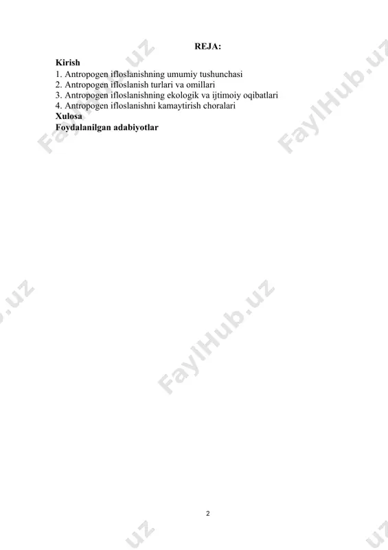 iyat kasb etadi. 1. antropogen ifloslanishning umumiy tushunchasi antropogen ifloslanish inson faoliyati natijasida atrof-muhitga zarar yetkazadigan jarayon bo‘lib, bu turli kimyoviy, fizikaviy va biologik omillarning ekotizimlarga ta’siri orqali namoyon bo‘ladi. bunday ifloslanish tabiiy ekotizimlarning buzilishiga, biologik xilma-xillikning kamayishiga, iqlim o‘zgarishlariga va inson salomatligiga jiddiy salbiy ta’sir ko‘rsatadi. inson tomonidan keltirib chiqarilgan ifloslanishning asosiy manbalari sanoat, transport, energetika, qishloq xo‘jaligi va maishiy faoliyat hisoblanadi. atmosferaga zararli gazlarning chiqarilishi, suv va tuproqning og‘ir metallar, plastik chiqindilar, pestitsidlar, neft mahsulotlari va boshqa zaharli moddalar bilan ifloslanishi ekologik muvozanatga ta’sir qiladi. kimyoviy ifloslanish sanoat korxonalari va transport vositalari tomonidan atmosferaga chiqariladigan karbonat angidrid, oltingugurt oksidlari, azot oksidlari va boshqa zararli gazlar bilan bog‘liq. ushbu gazlar kislotali yomg‘irlar hosil bo‘lishiga, havo sifatining yomonlashishiga va global iqlim o‘zgarishlariga sabab bo‘ladi. suv resurslarining ifloslanishi zavod va fabrikalar chiqindilari, qishloq xo‘jaligida qo‘llaniladigan o‘g‘it va pestitsidlar, kanalizatsiya oqavalari hamda plastmassalar natijasida yuzaga keladi. bu holat dengiz va daryo ekotizimlarini …