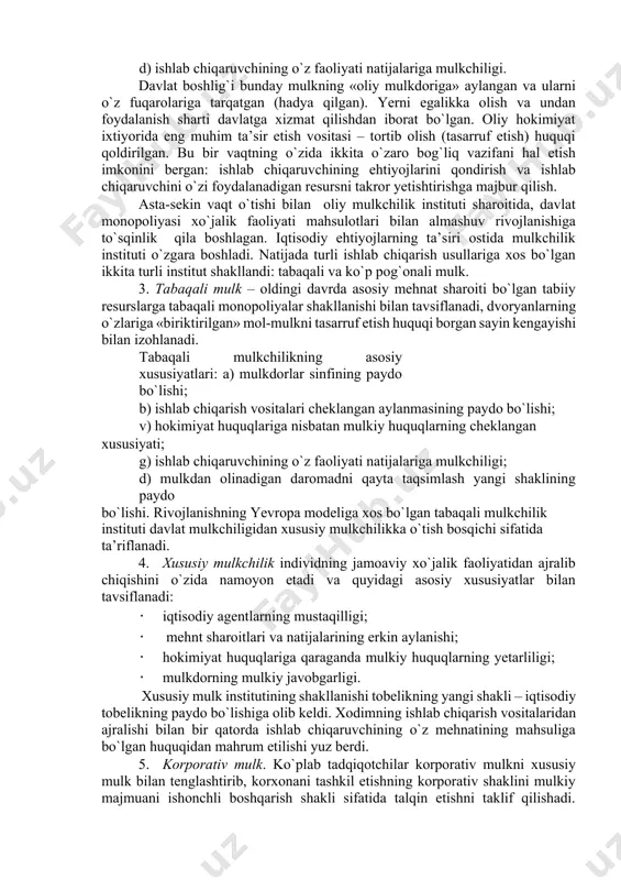 ulk davlat mulkining dastlabki shaklidir. davlatni tashkil etish ko`p hollarda mulkni, masalan, yerni zo`rlik bilan tortib va bosib olishlar oqibati bo`lgan. oliy mulkning asosiy tavsiflari quyidagilardan iborat: a) mulk va hokimiyatning bo`linmasligi; b) xizmat uchun mukofot sifatida resursni hadya qilish shaklida faoliyat bilan almashish; v) mehnat sharoitlarini ishlab chiqaruvchilarga biriktirish (xususiy egalik); g) biriktirilgan resurslarni tasarruf etish uchun davlat monopoliyasi; d) ishlab chiqaruvchining o`z faoliyati natijalariga mulkchiligi. davlat boshlig`i bunday mulkning «oliy mulkdoriga» aylangan va ularni o`z fuqarolariga tarqatgan (hadya qilgan). yerni egalikka olish va undan foydalanish sharti davlatga xizmat qilishdan iborat bo`lgan. oliy hokimiyat ixtiyorida eng muhim ta’sir etish vositasi – tortib olish (tasarruf etish) huquqi qoldirilgan. bu bir vaqtning o`zida ikkita o`zaro bog`liq vazifani hal etish imkonini bergan: ishlab chiqaruvchining ehtiyojlarini qondirish va ishlab chiqaruvchini o`zi foydalanadigan resursni takror yetishtirishga majbur qilish. asta-sekin vaqt o`tishi bilan oliy mulkchilik instituti sharoitida, davlat monopoliyasi xo`jalik faoliyati mahsulotlari bilan almashuv rivojlanishiga …