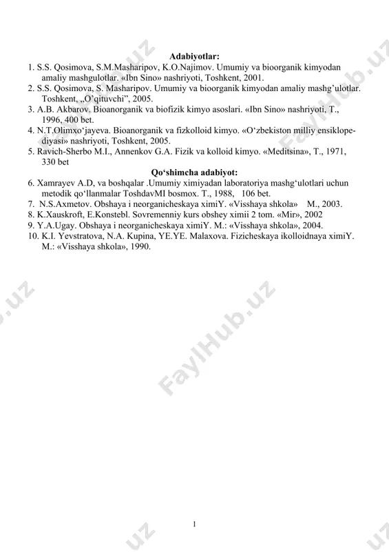 atlarni xosil qiladi c. foliy kislota tarkibiga kiradi d. aspirinni xosil qiladi i. sulfanilamidlarni xosil qiladi ii. shu modda tarkibida u qanday vazifani bajarishini kо‘rsating: a. bakteriyalar о‘sishi omili xisoblanadi b. bо‘y о‘sishini ta’minlaydi c. kо‘z kо‘rishini ta’minlaydi d. gemoglobin sintezini ta’minlaydi i. suyaklarni mustaxkamlaydi iii. uning antimetaboliti: a. salitsil kislota b. para-aminofenol c. sulfanil kislota d. benzoy kislota i. atsetilsalitsil kislota adabiyotlar: 1. s.s. qosimova, s.m.masharipov, k.o.najimov. umumiy va bioorganik kimyodan amaliy mashgulotlar. «ibn sino» nashriyoti, toshkent, 2001. 2. s.s. qosimova, s. masharipov. umumiy va bioorganik kimyodan amaliy mashg’ulotlar. toshkent, „o’qituvchi”, 2005. 3. a.b. akbarov. bioanorganik va biofizik kimyo asoslari. «ibn sino» nashriyoti, t., 1996, 400 bet. 4. n.t.olimxо‘jayeva. bioanorganik va fizkolloid kimyo. «о‘zbekiston milliy ensiklopediyasi» nashriyoti, toshkent, 2005. 5. ravich-sherbo m.i., annenkov g.a. fizik va kolloid kimyo. «meditsina», t., 1971, 330 bet qо‘shimcha adabiyot: 6. xamrayev a.d, va boshqalar .umumiy ximiyadan laboratoriya mashg‘ulotlari uchun metodik qо‘llanmalar toshdavmi bosmox. …