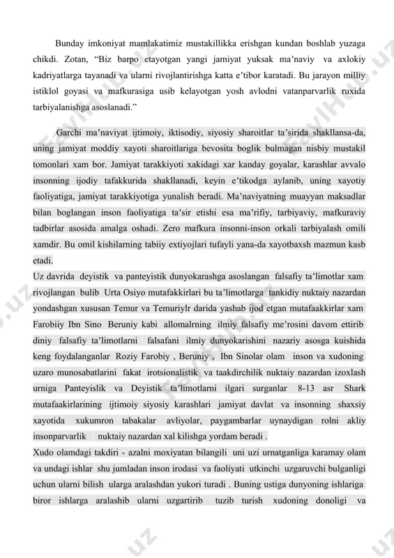 navoiy xam katta xissa kushgan. navoiy dunyokarashi asoslarini uning vaxdad-ul vujud (panteizm ) taʼlimotiga kushgan xissasi kalom , shariatga tasavvufga bulgan munosabatining favkulotda jixatlari oriflik jixatlari , oriflik dunyokarashi va axlokiy - didaktik pozitsiyasi siyosat davlat fozil jimiyat oila komil inson va shaxs tugrisidagi bir butun nazariyalar tashkil kiladi . naviiy dunyokarashi, ijodi va faoliyatini yana bir uzaga uning turkiy xalkalarning jeaxon tarakkiyotidagi urni va tarixiy missiyasi tugrisidagi uylari turkiy tilimizning butun turon zaminga sochilib ketgan suz lagjalari boyliklarini tuplash uning adabiy til ilm fan falsafa va yuksak sanʼat tili darajasiga kutarish soxasidagi sayi xarakatlarida uz ifodasini topgan alisher navoiyning ijtimoiy falsafiy karashlari insonparvarlik goyalari tarixiy anʼnalarning yuksak davomi kelajakdagi jamiyat maʼnaviy kamolotining muxim omili buldi . temuriylar sulolasining yana bir kuzga kuringan vakili z.m.bobur xisoblanadi uning ijtimoiy siyosiy axlokiy karashlari u koldirgan juda boy maʼnaviy meʼros - devonlari boburnoma asari shariat asoslari bayoni bulgan mubayyan risolasi baddiyat nazariyasi buyicha …