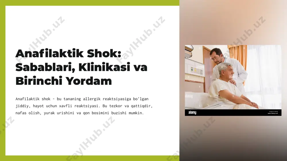 ing bemorni tinchlantiring. yonboshga yotishini ta'minlang. 3 nafas olishni tekshiring bemorning nafas olishini tekshiring. qiyinlashsa, to'g'rilaydigan holatga keltiring. 4 epipen yoki adrenalinni qo'llang epipen yoki adrenalin buyurilgan bo'lsa, darhol qo'llang. 6 adrenalin qo'llash 1 epipen agar bemorda epipen bo'lsa, uni darhol qo'llang. 2 to'g'ri qo'llash epipenni qo'llash bo'yicha ko'rsatmalarni o'qing. dori-darmonni sonning tashqi qismiga kiritish kerak. 3 tez yordam tez yordam xizmatiga qo'ng'iroq qiling. bemorni kuzatib turing. 7 kislorod bilan ta'minlash 1 kislorod maskasini qo'llash kislorod maskasini bemorning yuziga mahkam o'rnatib, to'g'ri havo oqimini ta'minlash kerak. 2 kislorod oqimini sozlash bemorning nafas olish tezligi va holatiga qarab, kislorod oqimini 6-10 litr/minutgacha sozlash kerak. 3 bemorni kuzatish bemorning nafas olishini va qon bosimini kuzatib, kislorod miqdorini kerak bo'lganda o'zgartirish kerak. 8 suyuqlik infuziyasi 1 suyuqlik tanlash bemorning ahvoliga qarab, turli xil suyuqliklar (masalan, fiziologik eritma, ringer eritmasi, kolloid eritmalar) tanlanadi. 2 infuzion tezligi infuzion tezligi qon bosimi, yurak urishi va bemorning …