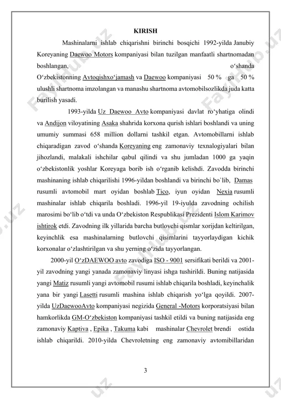 noati juda tez rivojlanib bormoqda. bu zavodlarda dastlabki yillarda ishlab chiqarish uchun asosiy avtomobil qismlari, zaruriy xom ashyolar janubiy koreyadan keltirilar edi. respublikamizda avtomobil sanoatini rivojlantirish xamda, import miqdorini kamaytrish maqsadida bir qancha qoʼshma korxonalar tashkil etilmoqda. zavod va korxonalarga koʼplab yangi texnika va texnologiyalar joriy etilmoqda. bu qoʼshma korxona va zavodlar oʼzbekiston avtomobil sanoatini rivojlantirish bilan birga, axolini muntazam ish oʼrni bilan taʼminlab kelmoqda. bunday butlovchi qisimlarni yetkazib beruvchi yana bir аndijon shaxridagi korxonalardan biri “uz-koram so” mchj qoʼshma korxonasidir. korxona 1995 yil may oyida tashkil etilgan. аvtomobil sanoati uchun ishlab chiqarilgan plasmassa butlovchi qisimlarni ishlab chiqarishni maxalliylatairish maqsadida 70 dan ortiq kompaniyalar va turli mulkchilik shakllari qatorida “uz-koram co” “oʼzavtosanoat” tarkibiga qoʼshildi. “oʼzavtosanoat” xalqaro (oicа) transport vositalari ishlab chiqaruvchi azosi xisoblanadi. 1997-yil may oyida “uz-koram co” korxonasida “nexia”, “damas” avtomobillari uchun bamperlarni ishlab chiqarishni oʼzlashtirdi. bundan tashqari “damas” avtomobillari uchun insrumentlar panelini ishlab chiqarishni yoʼlga koʼyildi. maxsulotlar ikkita …