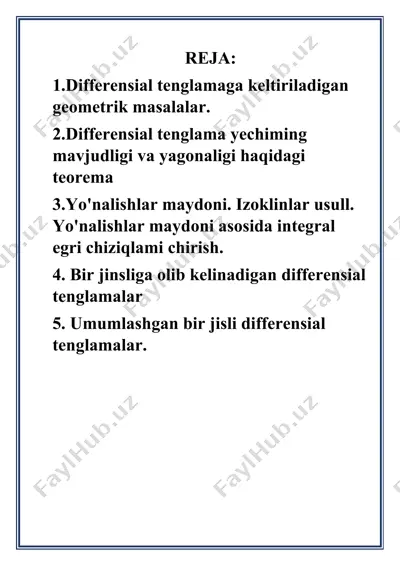 differensial tenglamaga keltiriladigan geometrik masalalar — DOCX