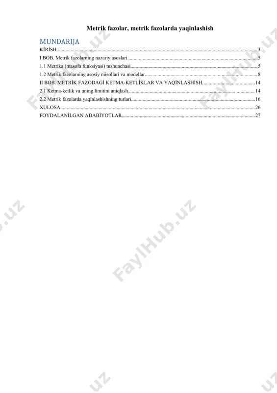 tahlil va matematik fizika muammolarida muhim rol o‘ynaydi. ushbu kurs ishida metrik fazo va unga bog‘liq asosiy tushunchalar, yaqinlashuv turlari, cauchy ketma-ketliklar va to‘liqlik masalalari nazariy jihatdan o‘rganiladi hamda ular bilan bog‘liq misollar tahlil qilinadi. ishning nazariy ahamiyati bilan bir qatorda, amaliy tomoni ham mavjud bo‘lib, sonli metodlar, algoritmlar tahlili va zamonaviy kompyuter dasturlarida qo‘llanilishi ko‘rsatib o‘tiladi. dolzarbligi. zamonaviy matematik analizda metrik fazolar nazariyasi muhim o‘rin egallaydi. masofa tushunchasining umumlashtirilgan ko‘rinishi bo‘lgan metrikalar orqali ko‘plab matematik tushunchalar — limit, yaqinlashuv, uzluksizlik va to‘liqlik — qat’iy asosda ifodalanadi. metrik fazolardagi yaqinlashuvni o‘rganish matematik tahlil, sonli metodlar, differensial tenglamalar, hamda funksional analiz sohalarida keng qo‘llaniladi. bu mavzu matematika fanining nazariy asoslarini mustahkamlash bilan birga, zamonaviy amaliy sohalarda, xususan, kompyuter fanlari va sun’iy intellektda ham katta ahamiyat kasb etadi. ushbu kurs ishining asosiy maqsadi — metrik fazo tushunchasini, u bilan bog‘liq ketma-ketliklar, yaqinlashuv, cauchy ketma-ketliklari, to‘liqlik va yaqinlashuv turlari kabi asosiy nazariy masalalarni …