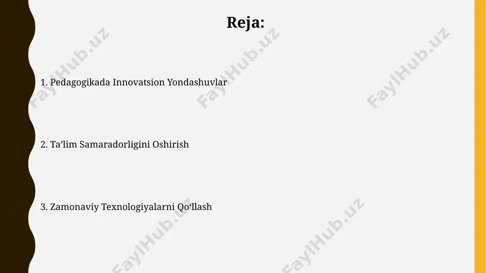, mulohazalarni 3 bosqichda (aniqlash, baholash, yechim) ishlab chiqishni o'rganadilar. bu kreativ fikrlashni rivojlantiradi. "debatlar" va "muloqot" uslublari orqali talabalar o'z fikrlarini aniq ifodalash, dalillar keltirish va raqibning nuqtai nazarini 70% hollarda tushunish ko'nikmalarini oshiradilar, bu esa argumentatsiya madaniyatini shakllantiradi. loyihaviy o'qitish metodi loyihaviy o'qitish metodi talabalarning 70% dan ortiq faol ishtirokini ta'minlaydi, bu an'anaviy ma'ruzalarga nisbatan sezilarli darajada yuqori ko'rsatkichdir. loyihaviy o'qitish metodi bilimlarni chuqurlashtirishda samaradorligi 30% ga oshishi va talabalarning mustaqil fikrlash qobiliyatini rivojlantirishda muhim rol o'ynaydi. interaktiv ta'lim shakli interaktiv ta'lim shakli o'quvchilarning 80% dan ortig'ini faol ishtirok etishga undaydi, natijada bilim olish samaradorligi 30% ga oshadi. o'quv jarayonida 5 ta yoki undan ortiq turli interaktiv usul va texnologiyalarni qo'llash, o'quvchilarning motivatsiyasi va bilim darajasini sezilarli darajada yaxshilaydi. differentiatsiya va inklyuziya inklyuziya kamida 15% nogironligi bo'lgan o'quvchilarni umumiy ta'lim muhitiga integratsiyalashtirish va ularga teng imkoniyatlar yaratishga qaratilgan inklyuziv ta'lim tizimini anglatadi. differensiatsiya va inklyuziya o'quv jarayonida samaradorlikni …