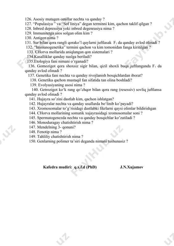 qanday rnk borligi aniqlangan ? 122. genetik kod nima? 123. mikroorganizimlarda transduksiya hodisasi nima ? 124. mutatsiya terminini kim va qachon fanga kiritilgan ? 125. genli yoki nuqtali mutatsiya nima ? 126. asosiy mutagen omillar nechta va qanday ? 127. “populasiya ” va “sof liniya” degan terminni kim, qachon taklif qilgan ? 128. inbred depressiya yoki inbred degenrasiya nima ? 129. immunitetga asos solgan olim kim ? 130. antigen nima ? 131. sur bilan qora rangli qorako’l quylarni juftlasak f1 da qanday avlod olinadi ? 132. “immunogenetika” termini qachon va kim tomonidan fanga kiritilgan ? 133. chorva mollarida aniqlangan qon sistemalari ? 134.kasalliklar qanday naslga beriladi? 135.etologiya fani nimani o’rganadi? 136. gomozigot qora shoxsiz sigir bilan, qizil shoxli buqa juftlanganda f1 da qanday avlod olinadi ? 137. genetika fani nechta va qanday rivojlanish bosqichlardan iborat? 138. genetika qachon mustaqil fan sifatida tan olina boshladi? 139. evolyusiyaning asosi nima ? 140. …