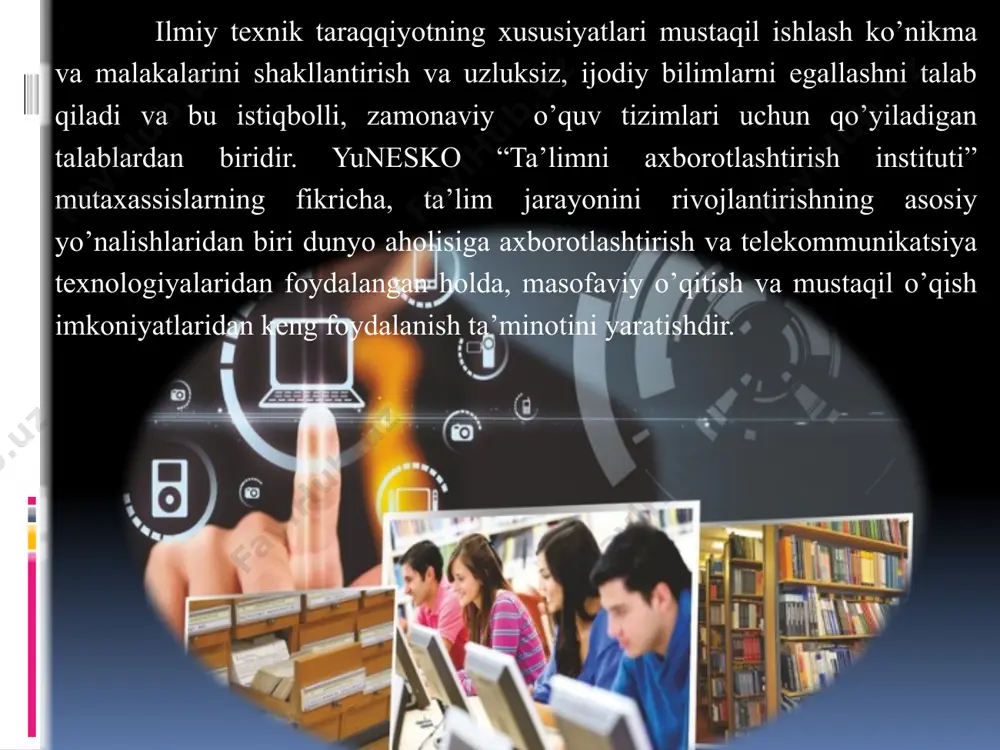 i aniqlanmagan. ba’zan ularni tinglovchilar deb ataydilar. masofaviy o’qitish tizimi ta’lim oluvchilarning yetarli tayyorgarligini va ish o’rinlarining texnik ta’minotini talab etadi. o’qitish metodlari o’qitish maqsadiga erishish uchun ta’lim oluvchilarning faoliyatini tashkil etish va boshqarish, o’qituvchi va o’quvchi munosabatlari haqida nazariy tushuncha beruvchi didaktik kategoriya tushuniladi. o’qitish shakllari : ma’ruzalar, seminarlar, labaratoriya mashg’ulotlari, kurs ishlari, sinovlar, imtihonlar, maslahatlar, mustaqil ish. masofaviy o’qitish tizimining didaktik tizimini izchillik bilan tashkil etish zamon talablariga mos mutaxassislarni tayyorlashga imkon yaratadi. masofaviy o’qitishning tamoyillari interfaollik tamoyili. tinglovchi va o’qituvchi o’rtasidagi aloqasini ta’minlab qolmay, balki tinglovchilar o’rtasidagi aloqani ham ta’minlaydi. boshlang’ich bilimlar tamoyili; individuallik tamoyili; identifikatsion tamoyil; o’qitish reglamenti tyamoyili o’quv jadvalining qat’iy rejalashtirilishi va rejalashtirilgan jadvalning nazorati bilan belgilanadi; yangi axborot texnologiya vositalarini qo’llashning pedagogik maqsadliligi tamoyili; ta’limning oshkoralik va o’zgaruvchanligini ta’minlash tamoyili kabilar. xulosa masofaviy o’qitish tizimining istiqbolligi shundaki, bu tizim shaxsning eng asosiy huquqlaridan biri – ta’lim olish huquqini amalga oshirishni ta’minlaydi. masofaviy o’qitish …