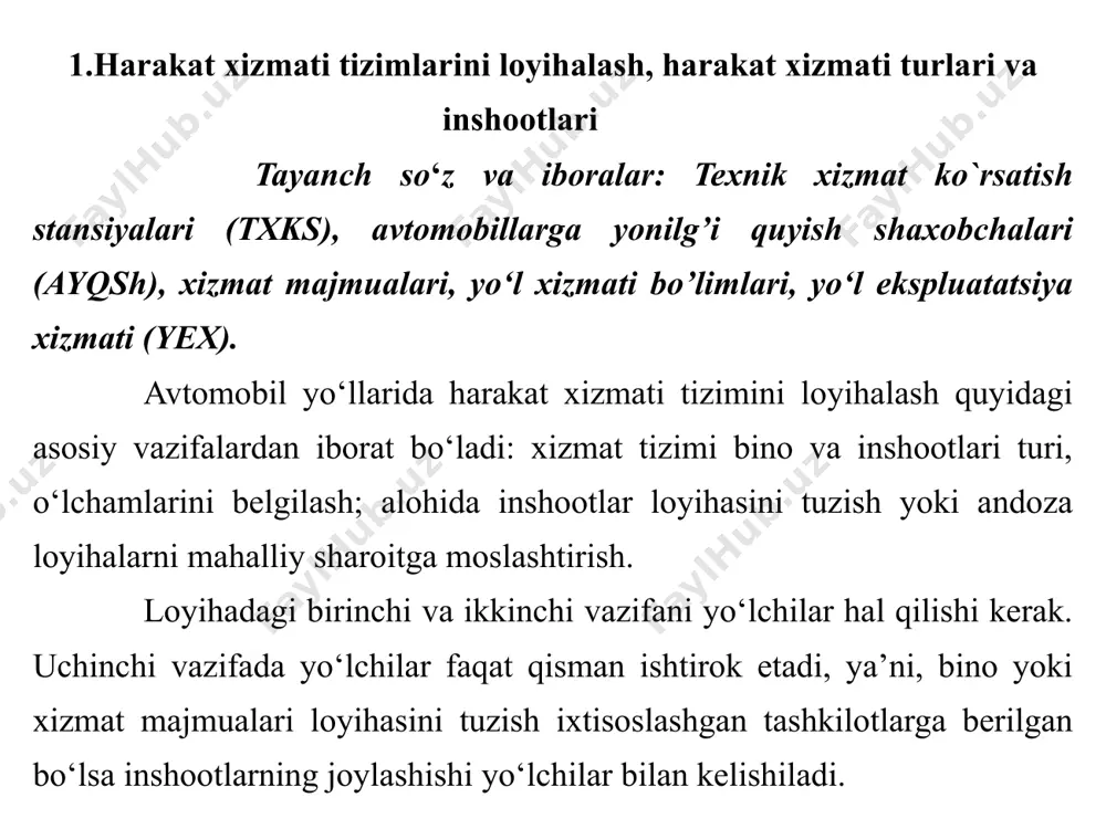 at ko‘rsatiladigan subekt yoki obektlarning xususiyati, qatnov zonalari va vazifasiga qarab harakat xizmati inshootlarini quyidagi guruxlarga bo‘lish mumkin: - qisqa dam olish va mashina qo‘yish joylari – barcha tur va o‘lchamdagi maydonchalar, manzara tomosha qilinadigan maydonchalar, umumiy ovqatlanish va savdo muassasalari, tarixiy joylar, bog‘lar, muzeylar, qo‘riqxonalar, umumiy dam olish joylari oldidagi avtomobil qo‘yish joylari; - jamoat transporti bilan xizmat qilish inshootlari, avtostansiyalar, avtobus bekatlari; - avtomobillarga texnik xizmat ko‘rsatish inshootlari – avtoyoqilg‘i quyish shahobchalari (ayqsh), texnik xizmat shahobchalari (txsh), texnik yordam punktlari (typ), avtomobillarni yuvish punktlari (asosan, shaharga kirish joylarida); - umumiy ovqatlanish maskanlari – yo‘l yoqasidagi kafelar, bufetlar, bufet avtomatlar, o‘z-o‘ziga xizmat qilish oshxonalari, restoranlar; - yo‘l nazorati va harakat xavfsizligi inshootlari – dyxx doimiy postlari, hxx (no‘p) nazorat-o‘tkazish punktlari; - uzoq dam olish joylari va xizmat majmualari – yo‘l yoqasidagi mehmonxonalar, motellar (katta shaharlar o‘rtasida quriladigan va yo‘ldan o‘tadiganlar uchun mehmonxonalar), kempinglar – avtosayyohlar lagerlari, shahar chetidagi umumiy …