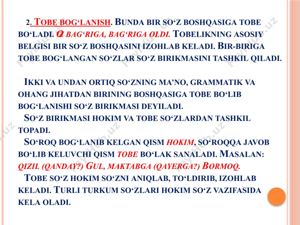 osil bo‘ladi, chunki ot bilan ot qaratqich kelishigi yordamida bog‘lanishi ma’lum. nutqimizda uchraydigan a’zoyi badan, oynayi jahon kabi fors-tojik tilidan kirgan birikmalar bir so‘z sifatida qo‘llanaveradi. 2. boshqaruv. hokim so‘zning talabi bilan tobe so‘zning ma’lum grammatik vositani olishi boshqaruv deyiladi. boshqaruvda tobe so‘z bilan hokim so‘zning birikishi ikki xil bo‘ladi: 1) kelishikli boshqaruvda tobe so‘z hokim so‘zning talabi bilan tushum, jo‘nalish, o‘rin-payt yoki chiqish kelishigi qo‘shimchalarini oladi: do‘stini uchratmoq, chelakka solmoq, qarmoqda tutish, bog‘dan chiqmoq; 2) ko‘makchili boshqaruvda tobe so‘z bilan hokim so‘z o‘zaro ko‘makchilar yordamida birikadi: g‘alaba uchun kurashmoq, kollej tomon ketmoq, muzey haqida suhbat, reja to‘g‘risida so‘zlamoq. ayrim hollarda grammatik vosita (qo‘shimcha) bo‘lmasligi mumkin: suv ichish, shahar borish. boshqaruvda tobe so‘z ot yoki ot o‘rnida qo‘llanadigan so‘zlardan, shuningdek, harakat nomi va sifatdoshdan iborat bo‘ladi. bosh so‘z vazifasida esa ko‘pincha fe’l qo‘llanadi. ba’zan bu vazifada ot, sifat, ravish va boshqa so‘zlar qo‘llanishi mumkin. boshqarivda tobe so‘z avval, hokim so‘z …