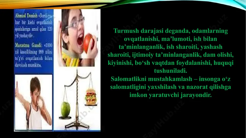 yasining fiziologik ehtiyojni qondirmasligi. jismoniy faollik, hayot – harakatdadir. inson kundalik hayotida jismoniy mashqlar, sport oʼyinlari, badanni chiniqtiruvchi muolajalar bilan koʼproq shugʼullansa, uning tanasidagi fiziologik, biologik jarayonlar tezlashadi va oqibatda kayfiyati koʼtariladi, ishchanligi ortadi. shubhasiz, bu salomatlikni mustahkamlashga xizmat qiladi. xx asrning 2-yarmiga kelib kam harakatli hayot tarzi ommaviy tus oldi. hozirgi vaqtda iqtisodiy rivojlangan davlatlarda jismoniy kuch talab qiladigan ish kam qolgan. urbanizatsiya, avtomatizatsiyaning rivojlanishi odam hayot tarzini kam harakatli qilib qoʼydi, vaholanki, million yillar oldin evolyutsiya jarayonida insonning asosiy mashgʼuloti ovchilik, oʼsimlik va mevalar yigʼishdan iborat boʼlgan. jismoniy faollik sogʼlom turmush tarzining kalitli shartlaridan biri hisoblanadi. u insonni nafaqat jismoniy kelishgan, balki uning sogʼligʼini ham ahamiyatli darajada yaxshilaydi, hayot davomiyligi ayniqsa uning faol qismiga ijobiy taʼsir qiladi. kun va ishni biologik rejimlar asosida tashkil qilish. koinotda tabiiy hodisalar maʼlum bir tartib asosida takrorlanadi. xususan, quyoshning har kuni maʼlum vaqtda chiqishi va botishi, yil fasllarining har yili takrorlanishi tabiatdagi …