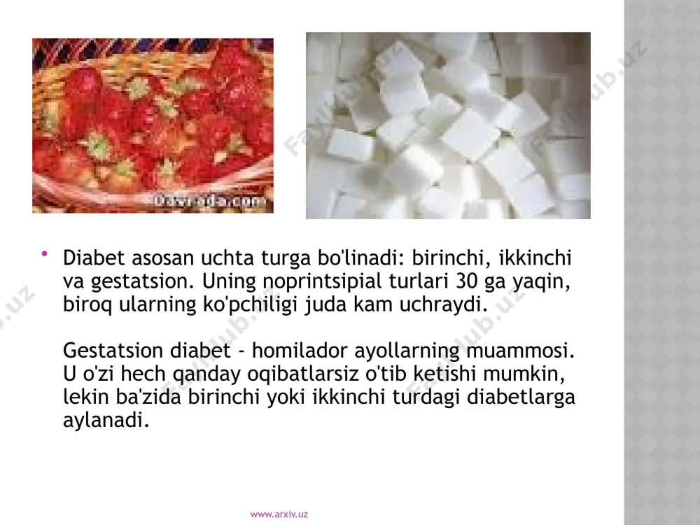 adi, keyin 2-8 yil ichida buyrak yetishmovchiligi rivojlanadi. ilk bor aniqlangan buyrak kasalliklarining 44% diabet bilan bog'liq. www.arxiv.uz * barcha diabetiklarning 60-70 foizi neyropatiyadan - qo'llar va oyoqlardagi og'riqlar va ta'sirchanlikning buzilishidan aziyat chekadilar. neyropatiya, o'z navbatida, qon aylanishidagi buzilishlarga, tuzalmaydigan yaralarga olib keladi. * nihoyat, bu kasallik har qanday infektsion xastalikni yuqtirib olish xavfini oshiradi. davolanmayotgan diabetikning yaralari yaxshi tuzalmaydi, har qanday jarrohliq operatsiyasidan keyin infektsion asoratlarni orttirish xavfi katta bo'ladi, hatto appendiks olib tashlanganidan keyin ham. www.arxiv.uz kasallik alomatlari agar sizda quyida keltirilgan alomatlarning bittasi bo'lsa ham, test o'tkazish zarur. faqat shifokorgina uning birinchi yoki ikkinchi turdagi diabet ekanini aniqlay oladi. 1. muntazam ravishda ochlikni his qilish. 2. vaznning oshishi yoki uning tushunib bo'lmaydigan tarzda (ba'zida keskin) kamayishi. 3. zaiflik va tez toliqib qolish. www.arxiv.uz 4. ko'rish qobiliyatining buzilishi. 5. hatto kichkina yaralarning ham tez tuzalib ketmasligi, yallig'lanishga va teri, milk infektsiyalariga moyillik. 6. qo'llar va oyoqlardagi sanchiqlar …
