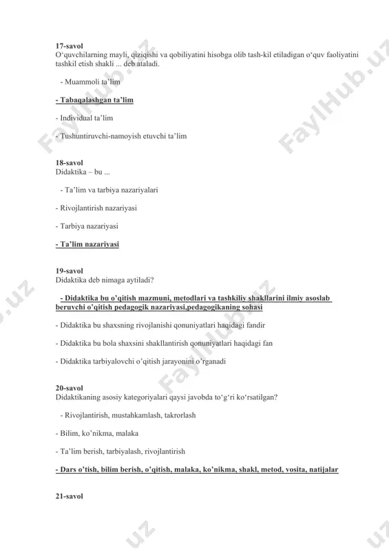 rning o‘zlashtirishini oshirish - pedagogning faoliyatilagi kamchiliklarni topish - *pedagogik jarayonning rivojlanish yo‘nalishi va sharoitini aniqlash, uni boshqarish xaqidagi takliflarni kiritish - maktab rahbari bilan o‘qituvchilari orasidagi qarama-qarshilik 39-savol “salomlashish va ruxsat so‘rash odobi, muloqot odobi, uxlash va yo‘l yurish odobi, suhbatlashish odobi, er-xotin odobi, tozalik qoi-dalari, mehmon kutsh odobi, ziyofat va ovqatlanish odobi, safar qoidalari” kabi qoidalar qaysi asarda bayon etilgan? - “odob as-solihin” - “axloqi jaloliy” - “mahbub ul-qulub” - «turkiy guliston yoxud axloq 40-savol kaykovusning “qobusnoma” asari necha bobdan iborat ? - 37 bob - 39 bob - 41bob - 44 bob 41-savol qaysi javobda kadrlar tayyorlash milliy modelining tarkibiy qismlari to’g’ri ko’rsatilgan? - shaxs, davlat va jamiyat, uzluksiz ta’lim, fan, ishlab chiqarish - madaniyat, shaxs, davlat va jamiyat, ishlab chiqarish - oila, uzluksiz ta’lim, fan, madaniya, ishlab chiqarish - davlat va jamiyat, uzluksiz ta’lim, fan, madaniyat 42-savol qaysi olim o’qitishni jismoniy mashqlar bilan qo’shib olib borish …