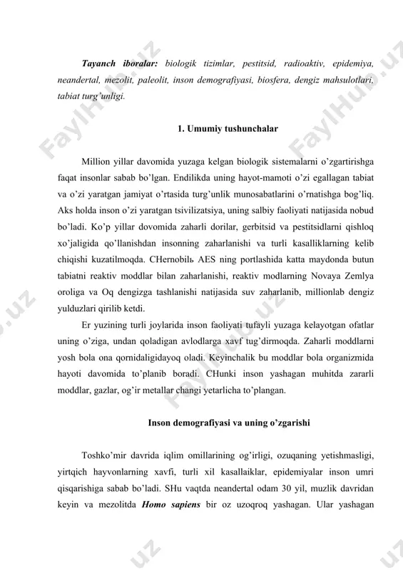 hida, bundan 1 mln. yillar oldin insonlar faqat afrika xududidagina yashagan va ularning umumiy soni 125 ming atrofida bo’lgan. mezolit davrida insonlar soni 1 mln. yetadi. ular yevroosiyo xududida yashaganlar. paleolit davri oxirida, bundan 25000 yillarcha avval neandertallar, kromanьonlar bir vaqda yashaganlar, ularning soni 3 mln. dan ortiq bo’lgan. neolit davrida birinchi demografik o’sish kuzatilgan, inson o’troq yashashga o’rganadi, uy-joy quradi, hayvonlarni qo’lga o’rgatadi, o’simliklarni madaniylashtiradi va ularning hayot sharoitlari yaxshilanadi. dunyoda odamlar soni dastlab 5 mln. atrofida bo’lgan, xvi asrda bu son 500 mln. ga ko’tariladi. 1850 yili 1 mlrd. ga yetishi uchun insoniyatga 250 yil rivojlanish kerak bo’lgan. dunyoda aholi soni 1930 yili 2 mlrd, 1960 yili 3mlrd, 1986 yili 5 mlrd, hozirgi kunda 6,2-6,3 mlrd. ni tashkil qiladi. 1930 yildan shu kungacha ovro’paliklar 100 mln. ga, osiyoliklar esa 1 mlrd., ga ko’paygan. taxminlarga qaraganda 2012 yilda yer yuzida 7 mlrd., 2050 yilda esa 13 mlrd. aholi yashaydi. …