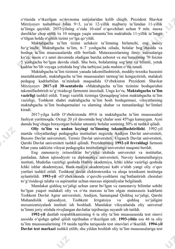 nalar bilan jihozlandi. umumiy o‘rta, umuman, ta’limning barcha bosqichlarida yangi o‘quv dasturlari, davlat ta’lim standartlari yaratildi. maktab darsliklari tamomila yangilandi hamda fan va amaliyot yutuqlari bilan boyitish bo‘yicha takomillashtirib borildi. multimedia o‘quv adabiyotlari ham yaratilishi yo‘lga qo‘yildi. respublikada 10 mingga yaqin maktablar ishlab turibdi. ularning moddiy-texnika ta’minoti ham davlat hisobidan amalga oshiriladi. ta’lim tizimi o‘zbekiston respublikasining «ta’lim to‘g‘risida»gi qonuni asosida maktabgacha ta’lim, umumiy o‘rta, o‘rta maxsus ta’lim, oliy ta’lim, oliy ta’limdan keyingi ta’lim, malaka oshirish va kadrlarni qayta tayyorlash, maktabdan tashqari ta’lim shakllaridan iborat. o‘zbekiston respublikasining «ta’lim to‘g‘risida»gi qonuniga muvofiq umumiy o‘rta ta’limning to‘qqiz yillik etib belgilanishi munosabati bilan to‘qqiz yillik maktabni tugatgan barcha o‘quvchilar ta’lim olishni o‘rta maxsus yoki kasbhunar kollejlarida ta’lim olishni davom ettirdilar. bu yangi ta’lim tizimiga bosqichma-bosqich o‘tildi. kadrlar tayyorlash milliy dasturi 1-bosqichi (1997–2001) doirasida amalga oshirildi. shu davr mobaynida 300 ga yaqin yangi turdagi ta’lim muassasalari ochildi. oliy o‘quv yurtlari qoshida 46 ta litsey tashkil …