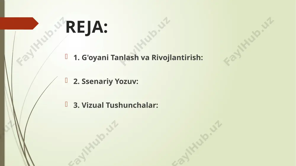 jlarning xarakterlarini ochib berishga yordam berishi kerak. * voyis: voyisni o'ylab ko'ring. qanday atmosfera yaratmoqchisiz? voyis hikoyani qanday ta'sirlaydi? 3. vizual tushunchalar: * estetika: siz qanday vizual uslubda ishlaysiz? ranglar, yorug'lik, kompozitsiya, kamera burchaklari qanday bo'ladi? * fon: hikoyaning atmosferasini yaratish uchun fonni qanday tanlaysiz? * kostyumlar va grimlar: personajlarning kostyumlarini va grimlarini qanday tanlaysiz? bu ularning xarakterini qanday aks ettiradi? * musiqa: musiqa hikoyani qanday ta'sirlaydi? qanday musiqa tanlashingiz mumkin? qisqa metrajli vizual media mahsulotlari yaratish - bu sizning ijodiy qobiliyatingizni namoyish etish, hikoyalarni aytib berish va tomoshabinlarni o'ziga jalb qilishning samarali usulidir. bu jarayon sizga turli xil texnikalarni o'rganish, o'z mahoratingizni rivojlantirish va o'zingizni ijodiy tarzda ifodalash imkonini beradi. 1. matnli media mahsulotlari: * kitoblar: hikoyalar, she'rlar, ilmiy asarlar, o'quv qo'llanmalar, ensiklopediyalar, lug'atlar, va boshqalar. * gazetalar: kunlik yoki haftalik yangiliklar, maqolalar, sharhlar, e'lonlarni o'z ichiga oladi. * jurnallar: maxsus mavzularda, masalan, moda, texnologiya, biznes, san'at, o'yin-kulgi va …