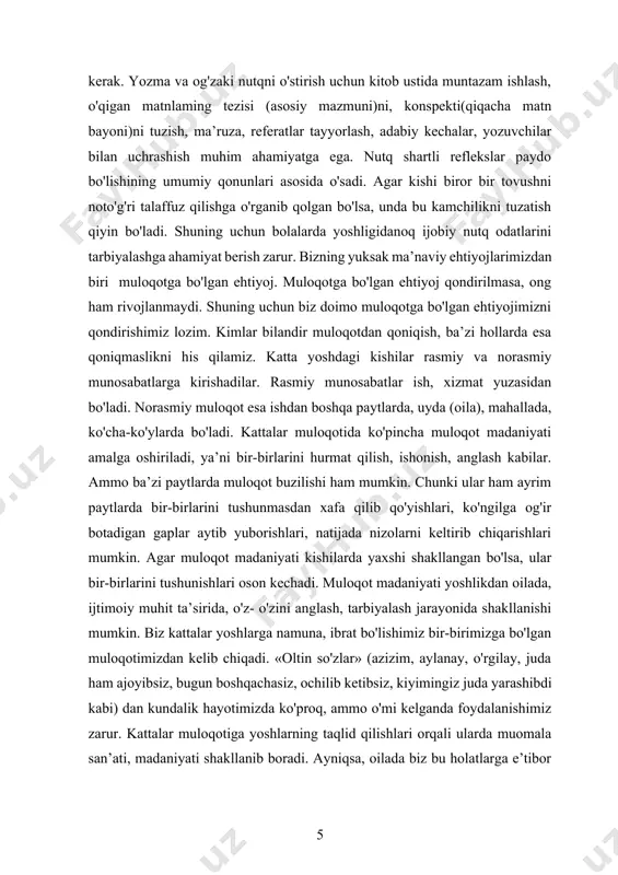 an oilada, ijtimoiy muhit ta’sirida, o'z- o'zini anglash, tarbiyalash jarayonida shakllanishi mumkin. biz kattalar yoshlarga namuna, ibrat bo'lishimiz bir-birimizga bo'lgan muloqotimizdan kelib chiqadi. «oltin so'zlar» (azizim, aylanay, o'rgilay, juda ham ajoyibsiz, bugun boshqachasiz, ochilib ketibsiz, kiyimingiz juda yarashibdi kabi) dan kundalik hayotimizda ko'proq, ammo o'mi kelganda foydalanishimiz zarur. kattalar muloqotiga yoshlarning taqlid qilishlari orqali ularda muomala san’ati, madaniyati shakllanib boradi. ayniqsa, oilada biz bu holatlarga e’tibor berishimiz kerak. chunki «qush uyasida ko'rganini qiladi», degan naql bejiz emas. kattalar bir-birlariga verbal (og’zaki), noverbal va paralingvistik ta’sir ko'rsatadilar. biz vaqti kelganda imo-ishora, mimika, pauzalar orqali ham bir-birimizga ta’sir eta olamiz. bir so’z bilan ham xursand, yoki xafa qila olamiz. shuning uchun doimo kattalar bir- birlariga samimiy munosabatda bo'lishlari lozim. muloqot turli yoshlarda o'ziga xos bo'ladi. masalan, kattalar ma’lumotlariga, yoshlariga, jinslariga, kasblariga qarab muloqotda bo'ladilar. keksalar muloqoti o'ziga xosdir. ular xuddi kichik bolalardek izzattalab, injiq, e’tibortalab bo'lib qoladilar. keksalarga ehtiyotkor bo'lib muomalada bo'lish …