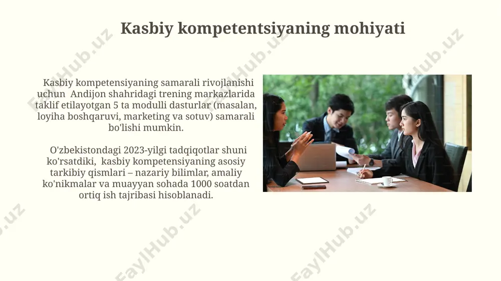 armoqlash va hamkorlik toshkent shahridagi trening markazlarining 70% dan ortig'i professional rivojlanish dasturlarini ishlab chiqishda hamkorlik qilib, yuqori malakali mutaxassislar sonini 15% ga oshirdi. samarqanddagi 50 dan ortiq it kompaniyasi o'rtasidagi hamkorlik natijasida 2023 yilda 3 ta yirik loyiha muvaffaqiyatli amalga oshirildi, bu tarmoqlashning samaradorligini ko'rsatadi. e'tiboringiz uchun rahmat @taqdimot_robot image2.jpg image3.jpg image4.jpg image5.jpg image6.jpg image7.jpg image8.jpg image9.jpg image10.jpg