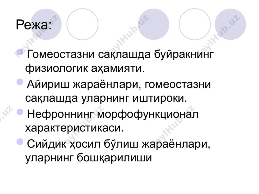 чи сийдик- 110-120 мл/мин. , 180л/суткасига 200л. қондан хосил бўлади. 100гр буйракда фильтрацион юза 1.5 м2 . коптокча фильтрацион юзаси диаметри 0.8 нм, бу орқали сув, глюкоза ва молекуляр массаси 80.000 дан кам бўлган моддалар ўтади. коптокча фильтрацияси капиллярларда ва шумлянский-боумен капсуласи ичидаги гидростатик ва онкотик босимлар фарқи (градиенти) асосида амалга ошади. бу фарқ фильтрацион босимни ташкил этади ва кўпинча аб га боғлиқ равишда ўзгаради. буйрак каналчаларида босим 70 мм сим. уст. капсула микропункцияси йўли билан бирламчи сийдик таркиби плазма таркибига яқинлиги аниқланган, фақат оқсил ва алохида анионлар бўлмаслиги билан фарқ қилади. нефроннинг проксималь ва дисталь бурама каналлар ва генли қовузлоғида танлаб қайта сўрилиш амалга оширилади ва бирламчи сийдикдан иккиламчи сийдик асоси шаклланади. юкстомедулляр нефронларда қайта сўрилиш амалга оширилмайди, чунки бурама каналлар капилярлар билан ўралмаган. ауторегуляция орқали коптокчалар фильтрация тезлиги доимий ушлаб турилади: v. afferens тонусини ўзгариши билан ; v. efferens тонусини ўзгариши билан; ренин ангиотензик тизими фаоллашиши ; фаолият …