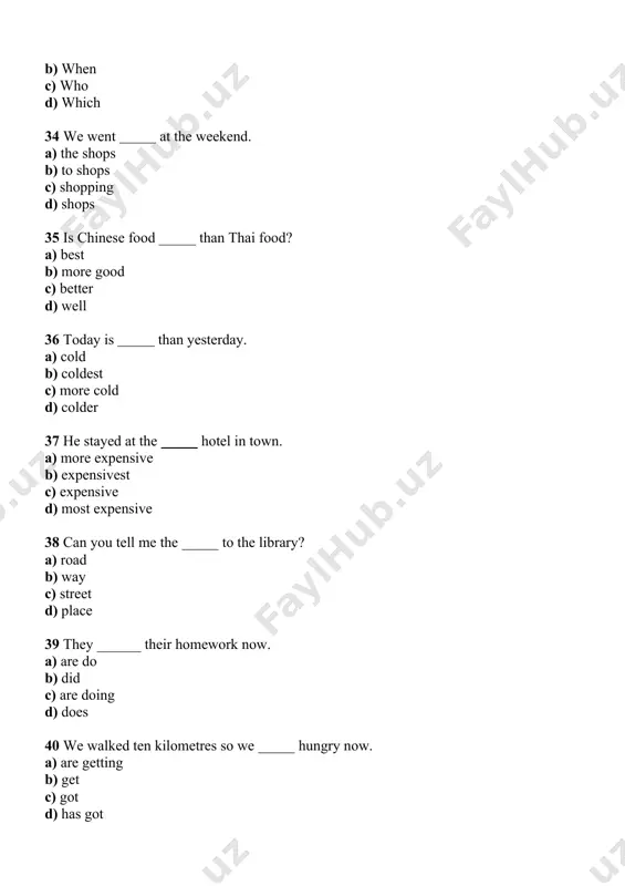 b) does live c) ’s living d) lived 104 what of doing now? a) are you think b) do you think c) think you d) are you thinking 105 i so tired that i went to bed shortly after dinner. a) ’m b) had been c) was d) ’ve felt 106 have you told them the good news ? a) just b) yet c) last night d) never 107 thai food? a) did she ever ate b) has she ever eaten c) does she ate d) have she ever eaten 108 we to work yesterday when we heard a loud crash behind us. a) was walking b) ’ve walked c) were walking d) walked 109 they realised they to take her address so they had to go back and get it. a) ’ve forgot b) ’d forgot c) ’d forgotten d) were forgot 110 he there before so he found …