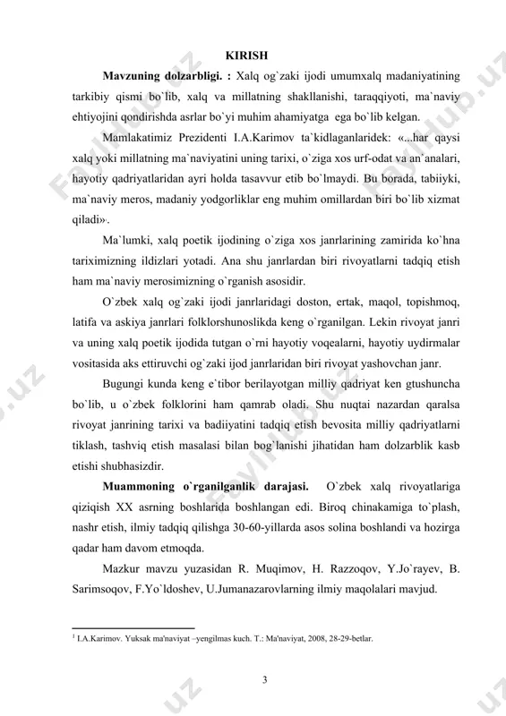 ishi, ma`naviyat bobidagi jiddiy o`zgarishlarning yuzaga kelishida o`zbek hajvchilik adabiyotining ham o`ziga xos o`rni bor. mavzuni tadqiq etishda, belgilangan masalalarni yoritishda mustaqillikning g`oyaviy asoslari, milliy mafkura masalalariga bag`ishlangan dasturiy ahamiyatga molik hujjat va asarlar bitiruv malakaviy ishga metodologik asos bo`lib xizmat qiladi. shuningdek, o`zbek adabiyotshunoslaridan r. muqimov, h. razzoqov, y.jo`rayev, b. sarimsoqov, f.yo`ldoshev, u.jumanazarovlarninglarning tadqiqotlariga suyanildi. bitiruv malakaviy ishining nаtijаlаrining ilmiy vа аmаliy аhаmiyati : bitiruv malakaviy ish mavzuni o`rganish jarayoni orqali badiiy so`z san`atida, xususan folklorshunoslikning muhim o`rni borligi haqida ilmiy – amaliy tushuncha hosil qilindi. bitiruv malakaviy ishimizni mavzui o`rta umumta`lim maktabida muhim o`rin tutadi. chunki, o`rta umumta`lim maktablarida badiiy adabiyot tur va janrlari, ularning xususiyatlari haqida nazariy ma`lumotlar o`qitiladi. bitiruv malakaviy ishida tаhlil оb`yеktigа tоrtilgаn аdаbiy mаtеriаl hаmdа bаyon etilgаn ilmiy-nаzаriy хulоsаlаrdаn, umumlаshtiruvchi fikrlаrdаn o`zbеk rivoyat va naqllari tаriхini yarаtishdа, оliy o`quv yurtlаrining filоlоgiya fаkultеti tаlаbаlаri, o`rtа mахsus tа`lim tizimi hаmdа аkаdеmik litsеylаrning yuqоri kurslаr tаlаbаlаri uchun …