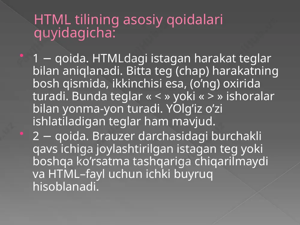 ydalanuvchining kompyuterida topilmagan taqdirda brauser satndart shriftni tanlaydi. matnning biror qismiga e'tiborni jalb etish maqsadida ba'zi so'zlar ajratib ko'rsatiladi. ms word hujjatida bunga matndagi ma'lum so'zlarni qalin, og'ma yoki tagchiziqli ko'rinishda yozish bilan erishish mumkin edi. html tilida ham shu kabi imkoniyat bo'lib, quyidagi juft te-glardan foydalaniladi: yozuv shakli -arial rangi qizil o'lchami 20 - qalin shrift (bold) yoki o'rniga - og'ma shrift (ilalik) yoki - tagchiziqli shrift (underline) . joylashtirish parametri qiymati o'rniga "left", "right", "center" va "justify" so'zlaridan biri yozitadi. - abzasni sahifaning chap tomoniga joylashtiradi. - abzasni sahifaning o'rtasiga joylashtiradi. - abzasni sahifaning o'ng tomoniga joylashtiradi. - abzasni sahifaning kengligi bo'yicha chap va o'ng tomondan tekislashga harakat qiladi. shrift o’lchami . rangi va web - sahifa foni shrift o'lchamini belgilash uchun html tilida juft tegi size (o'lcham) pa-rametri bilan birga ishlatiladi. bu teg ishlatilganda kiritilayotgan matnning shrift o'lchami o'zgarmaydi. shrift o'lchami o'zgarganini faqat web-brauzerda ko'rish mumkin. web-sahifada …