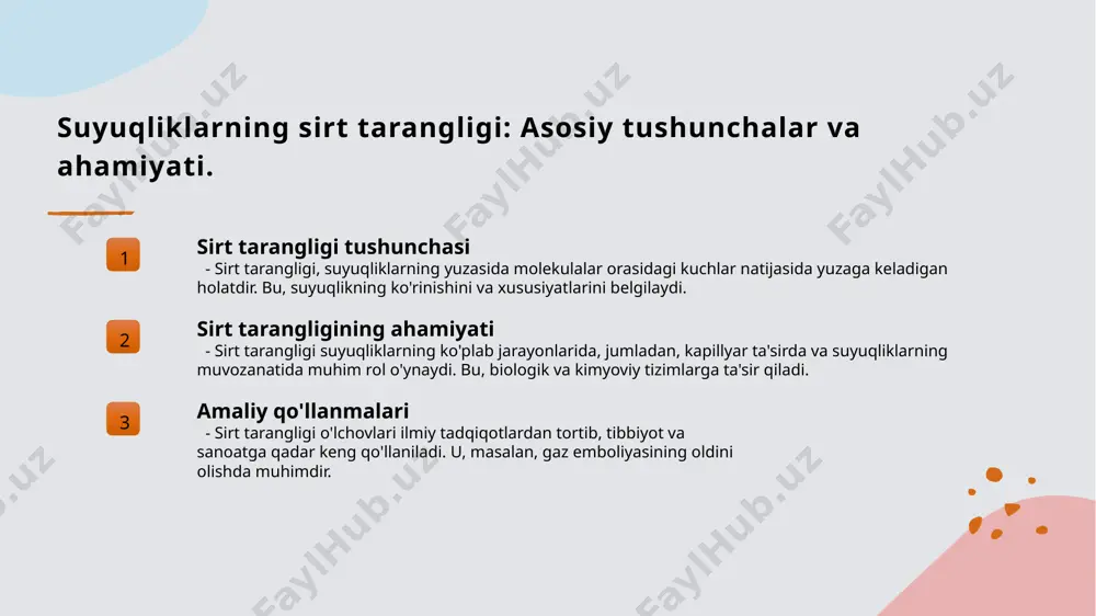 ladi. sirt tarangligini aniqlash usullari: asosiy nazariyalar va qo'llanmalari. 1 sirt tarangligini o'lchash usullari sirt tarangligini aniqlash uchun turli usullar mavjud bo'lib, ulardan eng mashhurlari: u-tub, wilhelmy, va du noüy usullardir. 2 u-tub usuli u-tub usuli, suyuqlikning sirt tarangligini o'lchashda, suyuqlikning ustki qismida hosil bo'lgan bosim farqini amalga oshirishga asoslanadi. 3 wilhelmy usuli wilhelmy usuli, suyuqlikning sirt tarangligini aniqlashda qog'oz yoki metall plitalar yordamida suyuqlik bilan o'zaro ta'sirini o'lchaydi va natijalarni aniq beradi. sirt tarangligini o'lchashda ishlatiladigan zamonaviy metodlar. 1 kapsulyar metod kapsulyar metod sirt tarangligini o'lchashda eng ko'p ishlatiladigan zamonaviy usullardan biri bo'lib, suyuqlikning mayda kapsulalarini sinov qiladi. 2 wilhelmy usuli wilhelmy usuli, qog'oz yoki metall plitalar yordamida sirt tarangligini o'lchash uchun qo'llaniladi va buni mayda tomchilar yordamida aniq o'lchash imkonini beradi. 3 du noüy usuli du noüy usuli, suyuqlik sirtida joylashgan ipni ko'tarish orqali sirt tarangligini aniqlashda qo'llaniladi va bu usulda aniqlik yuqori darajada bo'ladi. 4 tensiometrik usul …