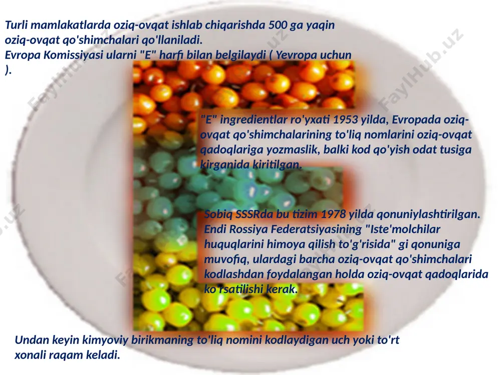 lar (e200-299) mahsulotning saqlash muddatini oshirish antioksidantlar (e300-399) yog'lar va yog'li mahsulotlarning buzilishidan himoya qilish, sabzavot va mevalarni qorayishdan himoya qilish, vino, pivo va alkogolsiz ichimliklarning fermentativ oksidlanishini sekinlashtirish. stabilizatorlar (e400-499) mahsulotlar tuzilishini takomillashtirish va saqlash, kerakli mustahkamlikdagi mahsulotlarni olish imkonini beradi emulsifikatorlar (e500-599) oziq-ovqat mahsulotining mustahkamligi, uning yopishqoqligi va plastik xususiyatlari uchun javobgardir lazzat va xushbo'ylikni kuchaytiruvchilar (e600-699) mahsulotning ta'mi va xushbo'yligini yaxshilash zaxira indekslar (e700-899) yaltiroq moddalar , un va xamirni yaxshilovchilar , tatlandırıcılar (e900 dan keyin) mahsulotlarni ishlab chiqarishning texnologik jarayonlari samaradorligini oshirish, mahsulot ko'rinishini yaxshilash, shirin ta'm berish va hajmini oshirish. oziq-ovqat qo'shimchalarini harakatga ko'ra tasnifi murakkab ozuqaviy qo'shimchalar so'nggi paytlarda juda ko'p murakkab oziq-ovqat qo'shimchalari paydo bo'ldi . murakkab oziq-ovqat qo'shimchalari bir xil yoki turli xil texnologik maqsadlardagi oziq-ovqat qo'shimchalarining sanoatda ishlab chiqarilgan aralashmalari bo'lib, ular oziq-ovqat qo'shimchalaridan tashqari, biologik faol qo'shimchalar va ba'zi turdagi oziq-ovqat xom ashyolarini o'z ichiga olishi mumkin: un, shakar, kraxmal, …