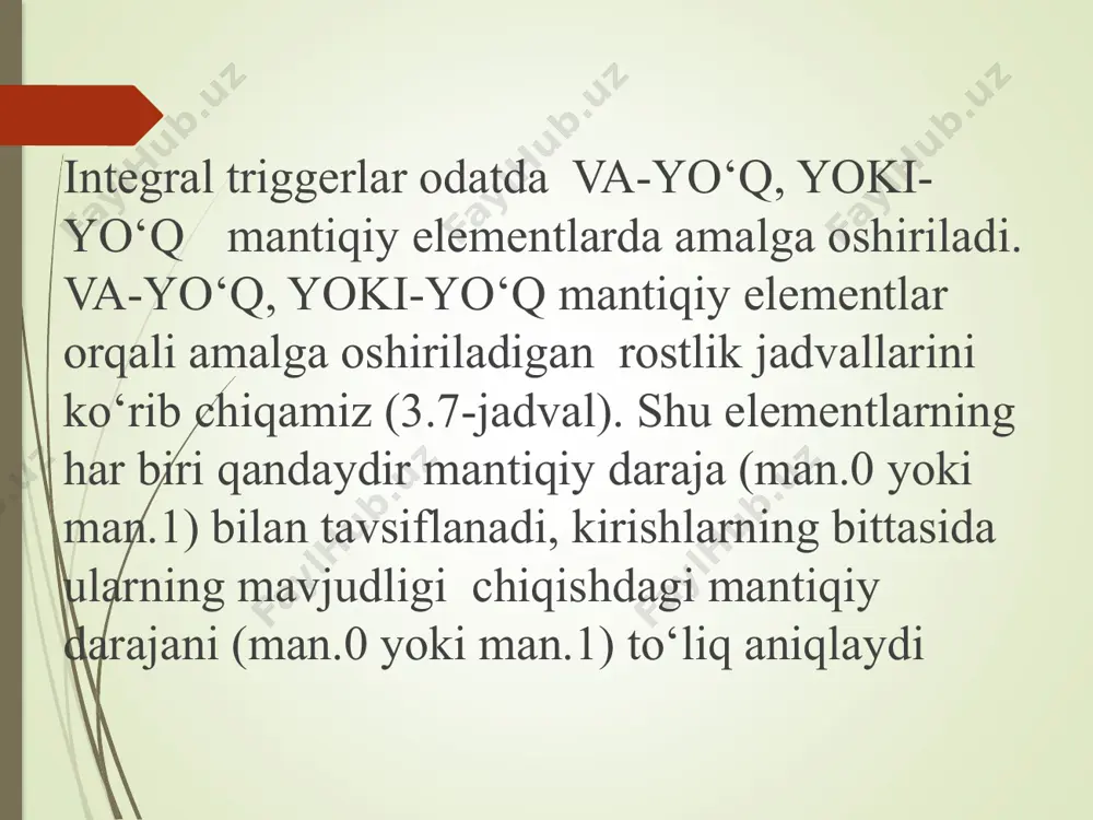 mantiqiy uzilish yuz beradi deb aytishimiz mumkin. aktiv darajalarga teskari bo‘lgan darajalarni passiv mantiqiy daraja deb ataymiz, va-yo‘q elementlar uchun passiv mantiqiy daraja – man.1, yoki- yo‘q elementi uchun – man.0 ga teng. elementning kirishlaridan bittasidagi passiv mantiqiy darajada, elementning chiqishidagi daraja uning boshqa kirishlaridagi darajalar orqali aniqlanadi. aktiv mantiqiy daraja va passiv mantiqiy darajalar tushunchasidan foydalanish va-yo‘q yoki yoki-yo‘q elementlariga qurilgan triggerlar ishining tahlilini osonlashtiradi. triggerlarning vazifasi. trigger bitta mantiqiy o‘zgaruvchining qiymatini saqlash uchun mo‘ljallangan (yoki bir razryadli ikkilik sonni; ko‘p razryadli ikkilik sonlarni saqlashda sonning har bir razryadini xotirada saqlash uchun alohida trigger foydalaniladi). shunga asosan, trigger ikki holatda bo‘ladi: ulardan bittasi 0 holat deb, boshqasi 1 holat deb belgilanadi. triggerlarning kirishiga ta’sir o‘tkazib, uni zarur holatga o‘tkaziladi. asosiy belgilashlar. triggerning ikki chiqishi mavjud: to‘g‘ri q и inversli q. triggerning holati bu chiqishlardagi quvvat darajasi bilan aniqlanadi: agar q chiqishidagi quvvat (q = 0) darajasiga mos keladigan bo‘lsa, …