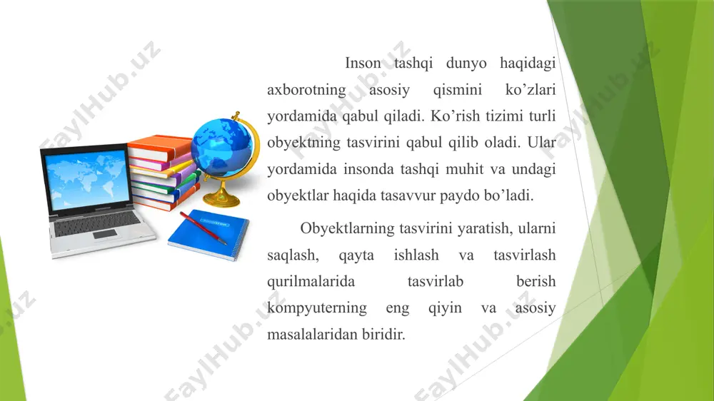 animatsiyasi vaqt o’tishi bilan o’zgaradigan tasvirlar yaratadi. masalan, multfilmlar, videoclip va videoroliklar. multimedia mahsulotlari rasmlar va animatsiyalar bilan birga boshqa turdagi axborotlarni, masalan, ovoz va matinni ham o’z ichiga oladi. multimediaga yorqin misol sifatida butun olam to’ri www ni va undagi saytlar va sahifalarni keltirish mumkin. kompyuter grafikasi tasvirlarni shakllantirish usullariga bog‘liq holda 3 turga bo‘linadi. 1. rastrli grafika. 2. vektorli grafika. 3. fraktal grafika. rastrli grafika vositasida shakllangan tasvir, asosan, elektron va matbaa nashriyotlarida qo‘llaniladi. rastrli tasvir ikki o‘lchovli massiv (matritsa) kok rinishdagi nuqtalar to'plamidan iborat bo'lib, ular piksellar deb ataladi. rastrli tasvirning eng kichik elementi pikseldan iborat. vektorli grafika vositasida shakllangan tasvir sodda grafik obyektlar to'plamidan tuzilgan bo'lib, uning tipik elementiga mos keladi. vektorli tasvirning asosiy elementi chiziq boiib hisoblanadi. kompyuter xotirasida bu chiziq juda katta joy egallamaydi, chunki xotirada chiziqni faqat parametrlari ko‘rsatiladi. fraktal grafika vositasida shakllangan tasvirlar ham xuddi vektorli grafika kabi matematik hisoblarga asoslangan. ammo …