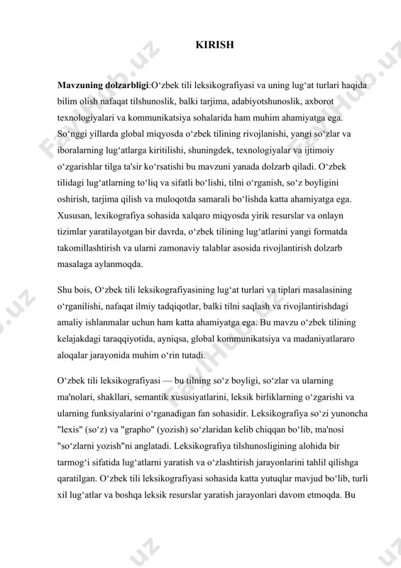 ab chiqish ham ushbu ishning maqsadlaridan biridir. vazifalar 1. leksikografiya va lug‘atshunoslik fanining asosiy tushunchalarini o‘rganish. ushbu vazifa doirasida leksikografiya so‘zining ta’rifini berish, uning tarixi va o‘zbek tilidagi lug‘atshunoslik rivojlanishining asosiy bosqichlarini tahlil qilish zarur bo‘ladi. 2. o‘zbek tili leksikografiyasining rivojlanish tarixi va bugungi holatini o‘rganish. bu vazifa doirasida o‘zbek tili lug‘atlari tarixini o‘rganish, ular qanday shakllanganini va rivojlanish yo‘llarini aniqlash kerak. 3. lug‘at turlari va tiplari haqida ilmiy tushuncha berish. lug‘atlarning turlari va tiplari haqida batafsil tahlil qilib, ularning tilshunoslikdagi o‘rni va jamiyatdagi ahamiyatini yoritish. 4. zamonaviy texnologiyalarning leksikografiyada qo‘llanilishi. elektron lug‘atlarning afzalliklari, internet resurslaridan foydalanish hamda lug‘atlarni yaratishda innovatsion texnologiyalarning o‘rni va ular orqali o‘zbek tili boyligining saqlanishi va rivojlanishiga hissa qo‘shish. 5. lug‘atlarni boyitish va rivojlantirishga oid amaliy tavsiyalar ishlab chiqish. lug‘atlarni yangilash, modernizatsiya qilish va yangi leksik birliklarni tizimlashtirish bo‘yicha takliflar berish. obyekt kurs ishining obyekti — o‘zbek tili lug‘atlari va ularni yaratish jarayonidir. o‘zbek tilida …