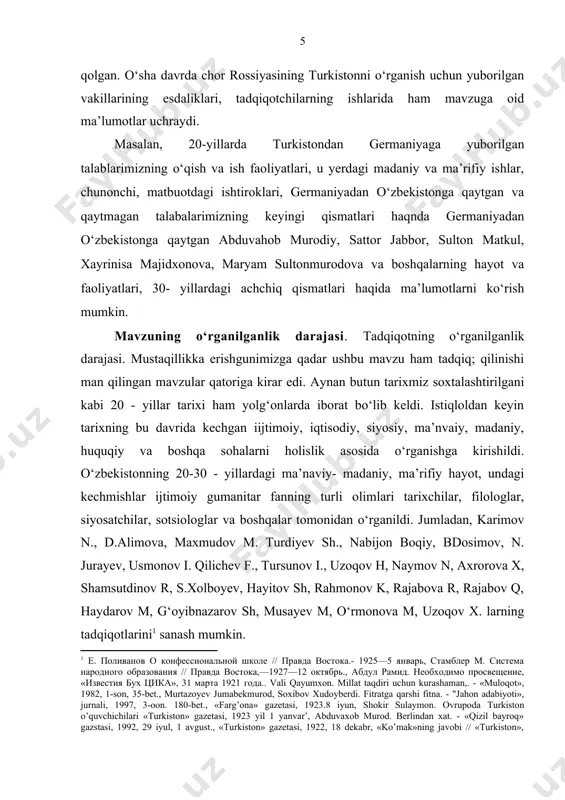 a yo‘naltirilgan ilmiy bilish metodlari, xolislik, tarixiylik tamoyillari va milliy istiqlol mafkurasi hisoblanadi. shu bilan birga, ilmiy anglashning umumjahon tamoyillari, insonparvarlik qadriyatlari, shuningdek, o‘zbekiston respublikasi vazirlar mahkamasining “o‘zbekiston respublikasining yangi tarixini yaratish to‘g‘risida”gi (1996 yil 16 dekabr) va “o‘zbekiston respublikasi fanlar akademiyasi tarix institutining faoliyatini takomillashtirish to‘g‘risida”gi (1998 yil 27 iyul) qarorlari ishning nazariy-uslubiy asosi bo‘lib xizmat qiladi. bmining ilmiy yangiligi: ishda ilk bor 20-30 yillarda o‘zbekistonda ta’lim tizimining ahvoli, talabalarni xorijga o‘qishga jo’natish borasidagi tajriba, maqsadlar, sabablar va homiylarni o‘rganish hamda xorijda ta’lim olgan talabalar, ularning ta’lim olish jarayoni, ta’limdan keyingi faoliyatlarini holislik asosida ilk bor tarixiy yondoshuv asosida ko‘rib chiqilishi ishning ilmiy yangiligini belgilaydi. bmining amaliy ahamiyati: ishning yakuniy xulosalaridan 20-30 yillarda o‘zbekistonda ta’lim tizimining ahvoli, talabalarni xorijga o‘qishga jo’natish borasidagi tajriba, maqsadlar, sabablar va homiylarni o‘rganish hamda xorijda ta’lim olgan talabalar tarixini o’qitishda, o’quv qo’llanmalar yaratishda foydalanish mumkin. ishning aprobatsiyasi: bmi qarshi davlat universiteti “o‘zbekiston tarixi” kafedrasining …