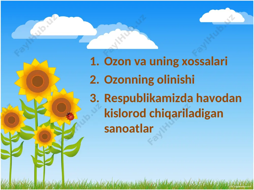 ogik jarayonlarni takomillashtirishda, tutun gazlarini, sanoat va maishiy hayot oqavalarini tozalashda, havo va ichimlik suvlarini dezinfeksiyalashda ishlatiladi. kimyoviy xossasi ozon ta’siridan au, pt va zr dan boshqa hamma metallar oksid holiga o’tadilar. ozon sulfidlarni sulfatlargacha, ammiakni nitrit va nitrat kislotalargacha oksidlaydi. rezina va kauchukni ozon tez yemiradi, ko’pchilik organik moddalar ozon tasirida o’z-o’zidan alangalanadi. uning kuchli oksidlovchilik xossasi (oksidlovchilik aktivligi) eng xarakterli xossalaridan biridir. ozon ta’sirida metall holidagi kumush ag2o (yoki ag2o2) ga, qora rangli pbs oq rangli pb(oh)2 qo`ng`ir rangli pbo2 ga, sariq tuzi k4[fe (cn)6] eritmasi esa qizil qon tuzi k3[ fe (cn)6] eritmasiga aylanadi: 2 ag +o3 =ag 2o +o2 pbs +4o3 = pbso4 + 4o2 pb (oh)2 + o3 = pb o2 +h2 o +o2 2k4[fe(cn)6] + h2 o +o3 = 2k3[ fe (cn)6 ] + 2koh + o2 shuningdek, ozon kj eritmasidan yodni siqib chiqaradi: 2kj-1 + o03 +h2 o = j2 + 2koh +o20 …