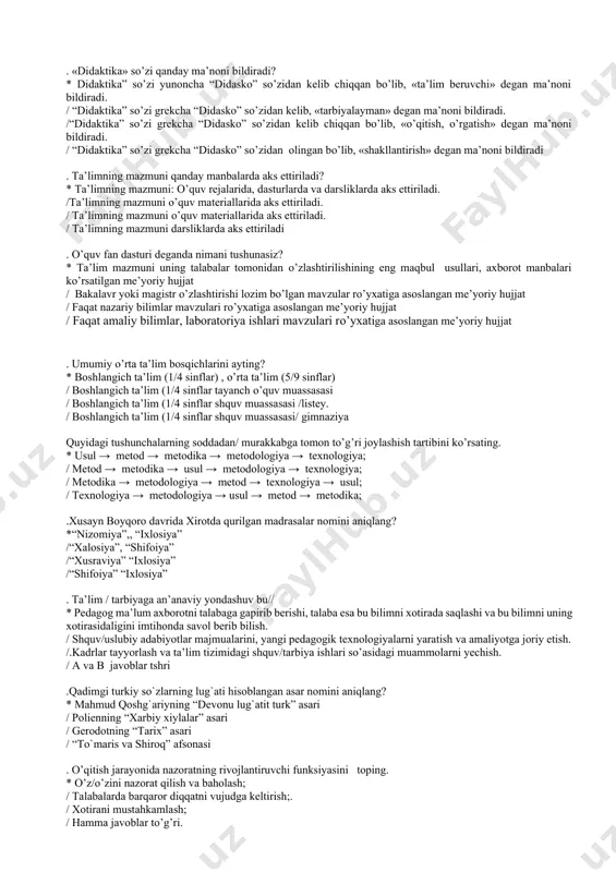 shunish va bunday harakatlarning bajarilishi tartibini o’zlashtirish darajasi; / qobiliyat – faoliyat jarayonida paydo bo’ladigan psixologik tushuncha; / qobiliyat – o’qituvchining o’z faolligini rejalashtira olish demakdir; . o’qitish usuli nima? * o’qitish usuli – o’qitish metodini amalga oshirish jarayonida o’qituvchi va o’quvchining o’zaro hamkorlikda bajaradigan operatsiya ; / o’qitish usuli – bu muayyan fanni o’qitishga taaluqli bo’lgan metod, shakl va vositalar majmuasi; / o’qitish usuli – pedagogik texnologiyaning tarkibiy qismi bo’lib, uning barcha tarkibiy qismlarini o’zaro bog’lashga xizmat qiladi; / o’qitish usuli – o’quvchi va o’qituvchining o’zaro hamkorlikdagi faoliyati mahsuli; . og’zaki ta’lim metodlari qaysi javobda ko’rsatilgan? * hikoya, suhbat, ma’ruza; v. ma’ruza, trening, suhbat; / hikoya, suhbat, semenar; / ma’ruza, seminar, laboratoriya ishi. . “jadid” so’zining ma’nosi: * “jadid” so’zi arabcha sshz bo;lib,”yangi” degan ma’noni bildiradi; / “jadid” so’zi lotincha so’z bo’lib,”yuksalish” degan ma’noni bildiradi; / “jadid” so’zi grekcha so’z bo’lib, “yangilik” degan ma’noni bildiradi; / “jadid” so’zi arabcha …