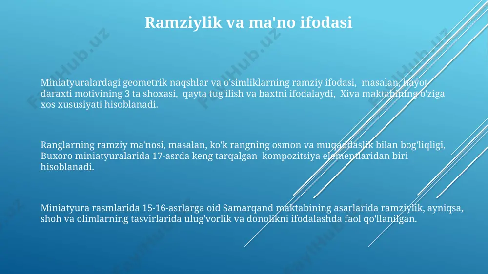 tunlik qiladi, bu esa chuqurlik illyuziyasini va 5 dan ortiq ranglarning uyg'unligini yaratadi. miniatyura rasmining kompozitsiyasi, 15-16 asrlardagi buxoro maktabi asarlarida ko'pincha 3/4 nisbatida tasvirlangan markaziy shaxs atrofida qurilgan bo'lib, geometrik simmetriyani namoyon etadi. xorazm miniatyura maktabining 18-asrga oid asarlarida, 2 dan ortiq personajli sahnalarda, markaziy kompozitsiya o'rniga, erkin guruhlangan obrazlar orqali dinamik voqea hikoyasi ifodalanadi. e'tiboringiz uchun rahmat @taqdimot_robot