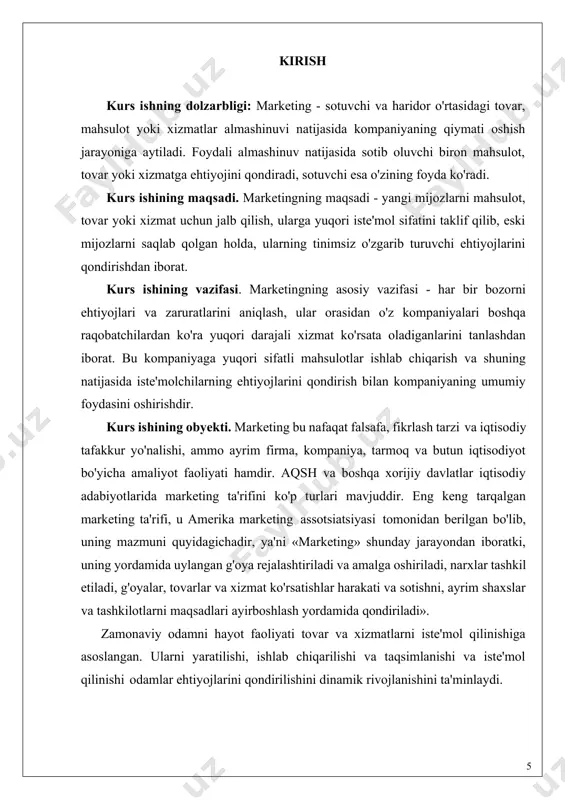 hiqarishni bilmaydilar. mamlakatimiz prezidenti shavkat mirziyoev 7-fevral kungi farmoni bilan 2017-2021-yillarda o`zbekistonni rivojlantirishning beshta ustuvor yo`nalishi bo`yicha harakatlar strategiyasini tasdiqladi. avvalo, ushbu ustuvor yo`nalishlar va ulardagi amalga oshirilishi nazarda tutilgan vazifalar hamda chora-tadbirlarning ijrosi bugungi kunning hayotiy va ijtimoiy zarurati ekanligini ta‘kidlash lozim. shu jumladan milliy iqtisodiyotning mutanosibligi va barqarorligini ta‘minlash, uning tarkibida sanoat, xizmatlar ko`rsatish sohasi, kichik biznes va xususiy tadbirkorlik ulushini ko`paytirish, xizmatlar ko`rsatish sohasini jadal rivojlantirish, yalpi ichki mahsulotni shakllantirishda xizmatlarning o`rni va ulushini oshirish, ko`rsatilayotgan xizmatlar tarkibini, eng avvalo, xizmatlarning zamonaviy yuqori texnologik turlari hisobiga tubdan o`zgartirish zarurdir. respublikamizda amalga oshirilayotgan islohotlarning hozirgi bosqichida iqtisodiyotni erkinlashtirish, mamlakatni modernizatsiyalash, makroiqtisodiy barqarorlikni ta'minlash evaziga uzluksiz iqtisodiy o'sishga erishishdek dolzarb vazifa qo'yilgan. bu esa o'z navbatida, iqtisodiyotda erishgan yutuqlarning asosi – bozor iqtisodiyoti, mulk shakllarining takomillashuvi, iqtisodiyotdagi keskin tuzilmaviy o'zgarishlar, kichik biznes va xususiy tadbirkorlikning yalpi ichki mahsulotdagi ulushining ortib borishi bilan baholanmoqda. “marketing” so’zi ingliz tilidan tarjima qilinganda, …